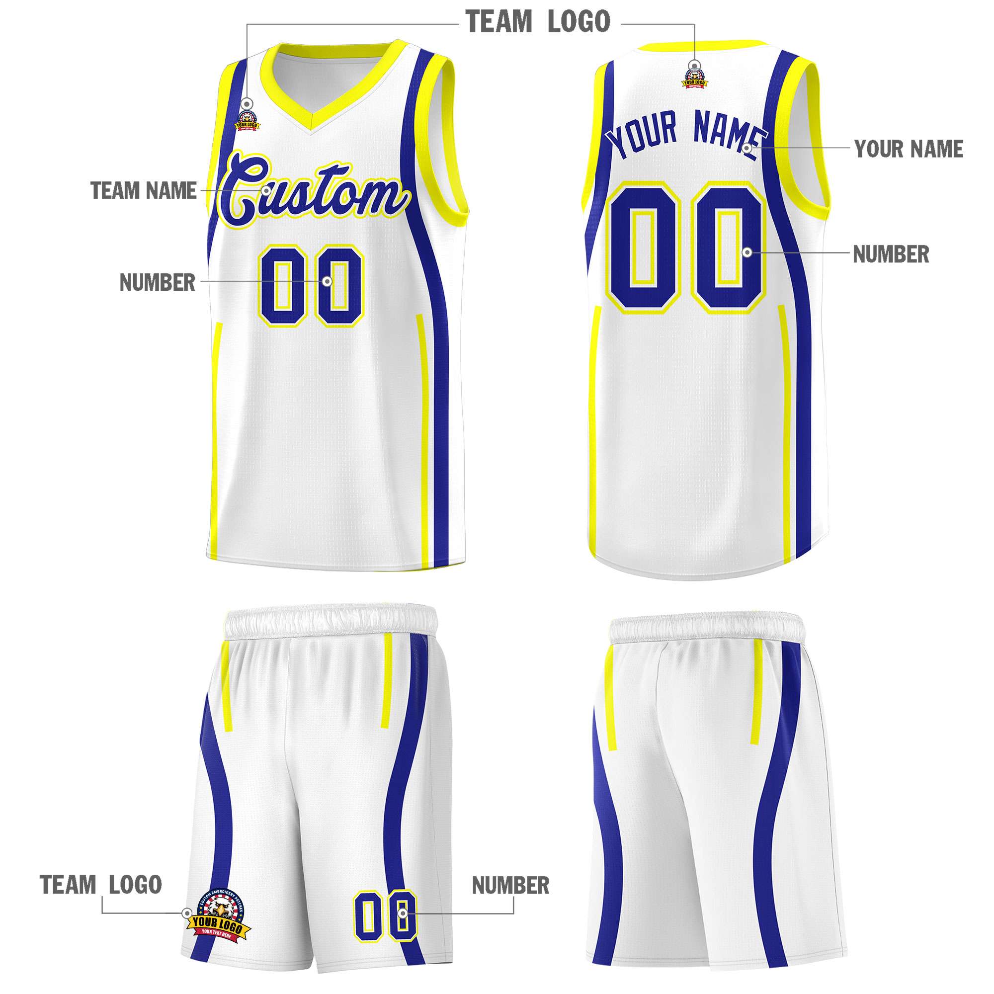 Custom White Royal AND Fluorescent Yellow Basketball Jersey