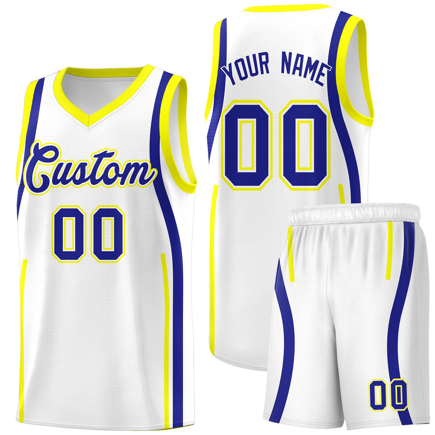 Custom White Royal AND Fluorescent Yellow Basketball Jersey