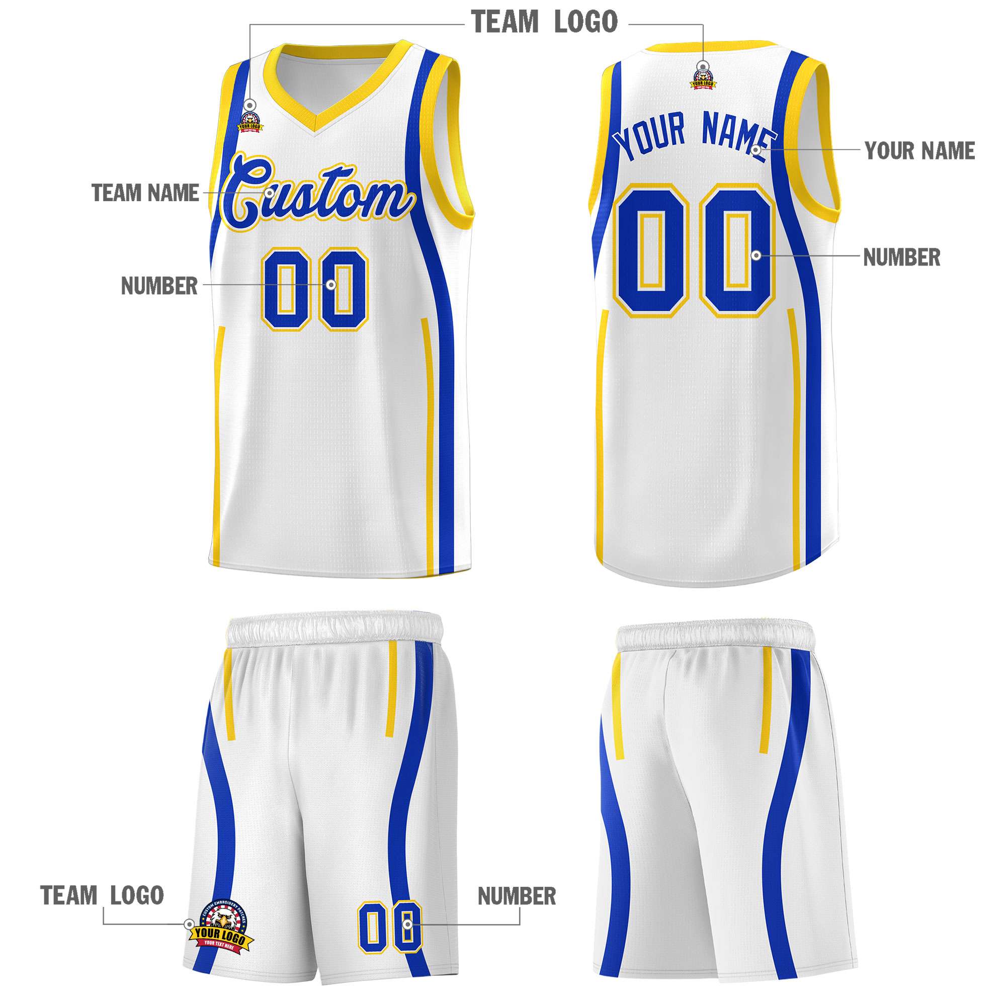 Custom White Royal AND Gold Basketball Jersey