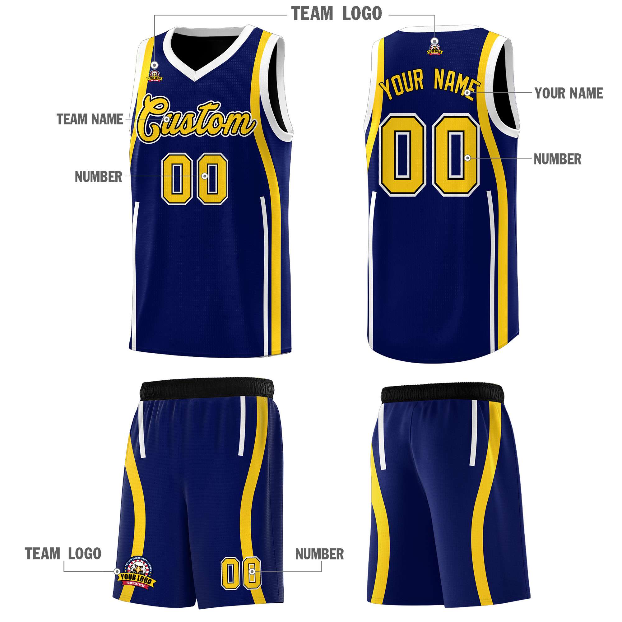 Custom Navy Gold AND White Basketball Jersey