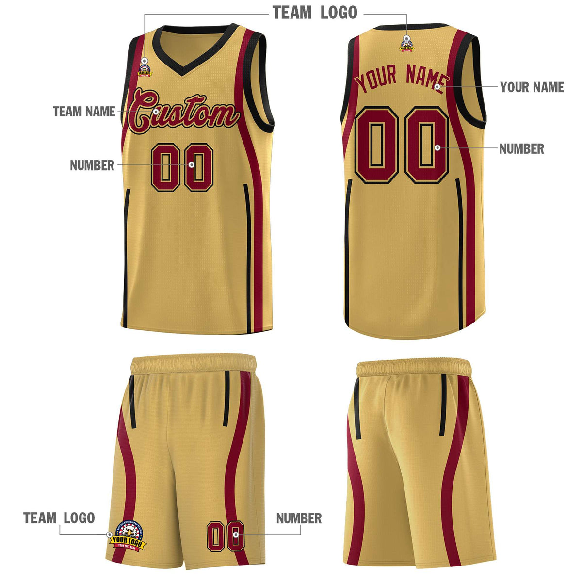 Custom Old Gold Crimson AND Black Basketball Jersey