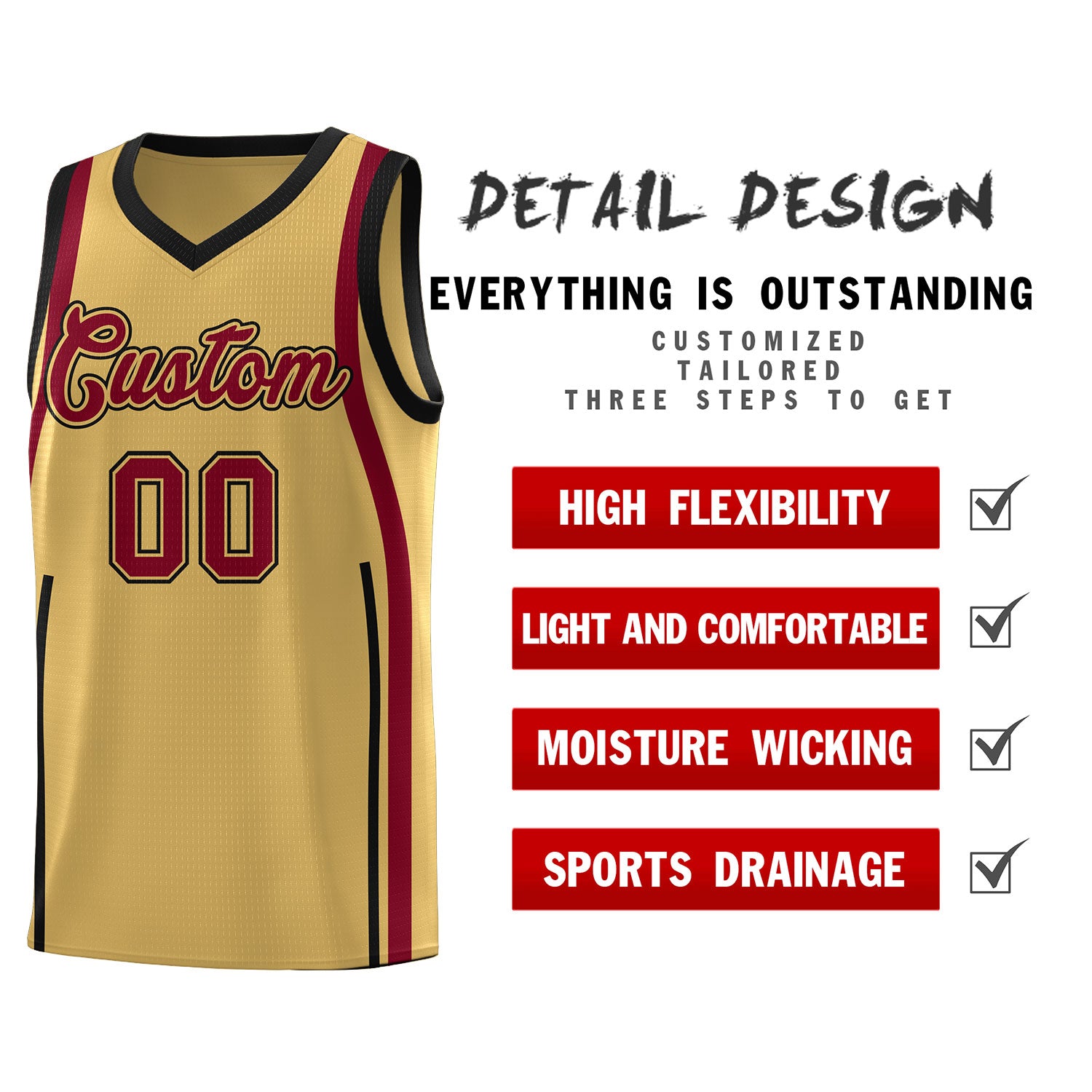 Custom Old Gold Crimson AND Black Basketball Jersey