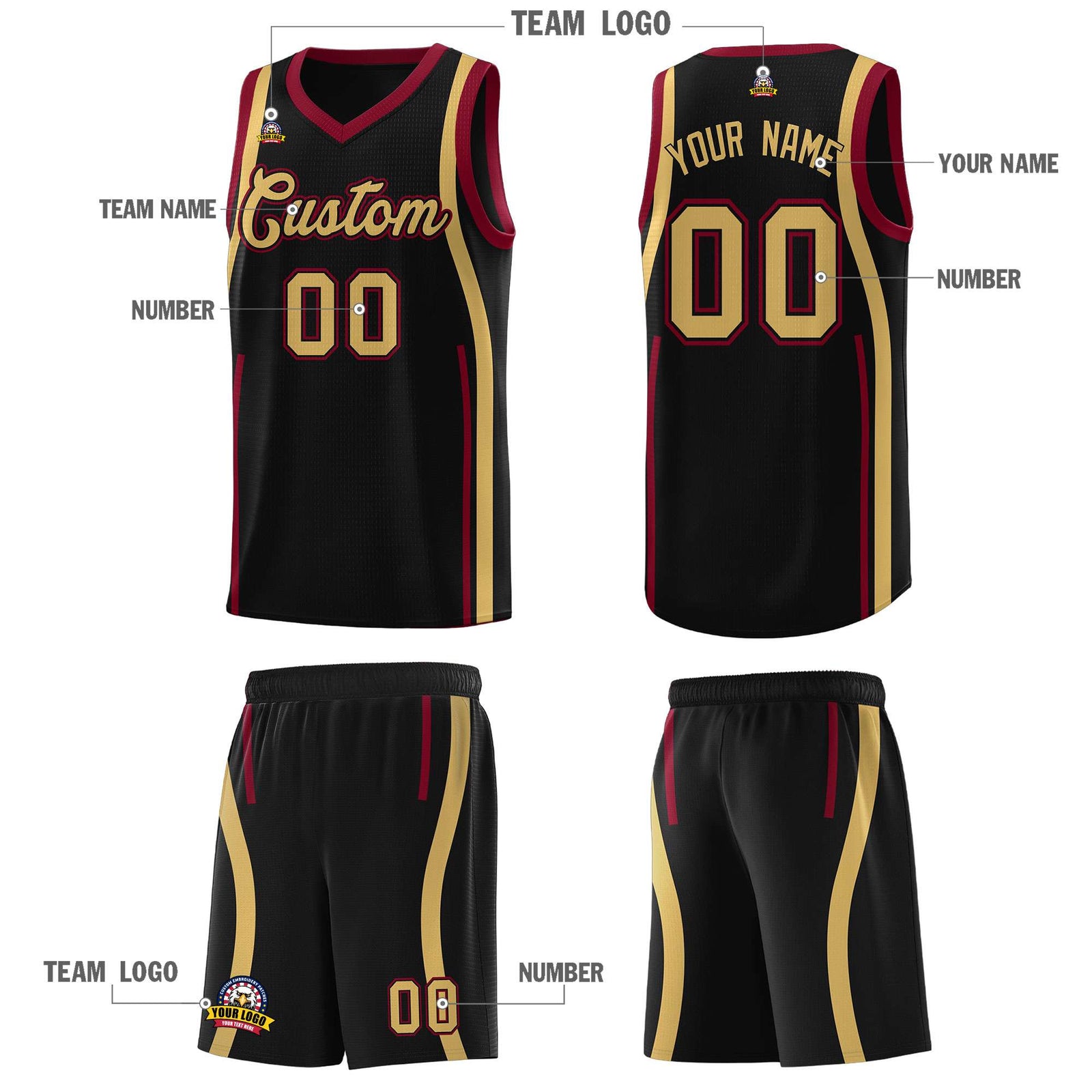 Custom Black Crimson AND Old Gold Basketball Jersey