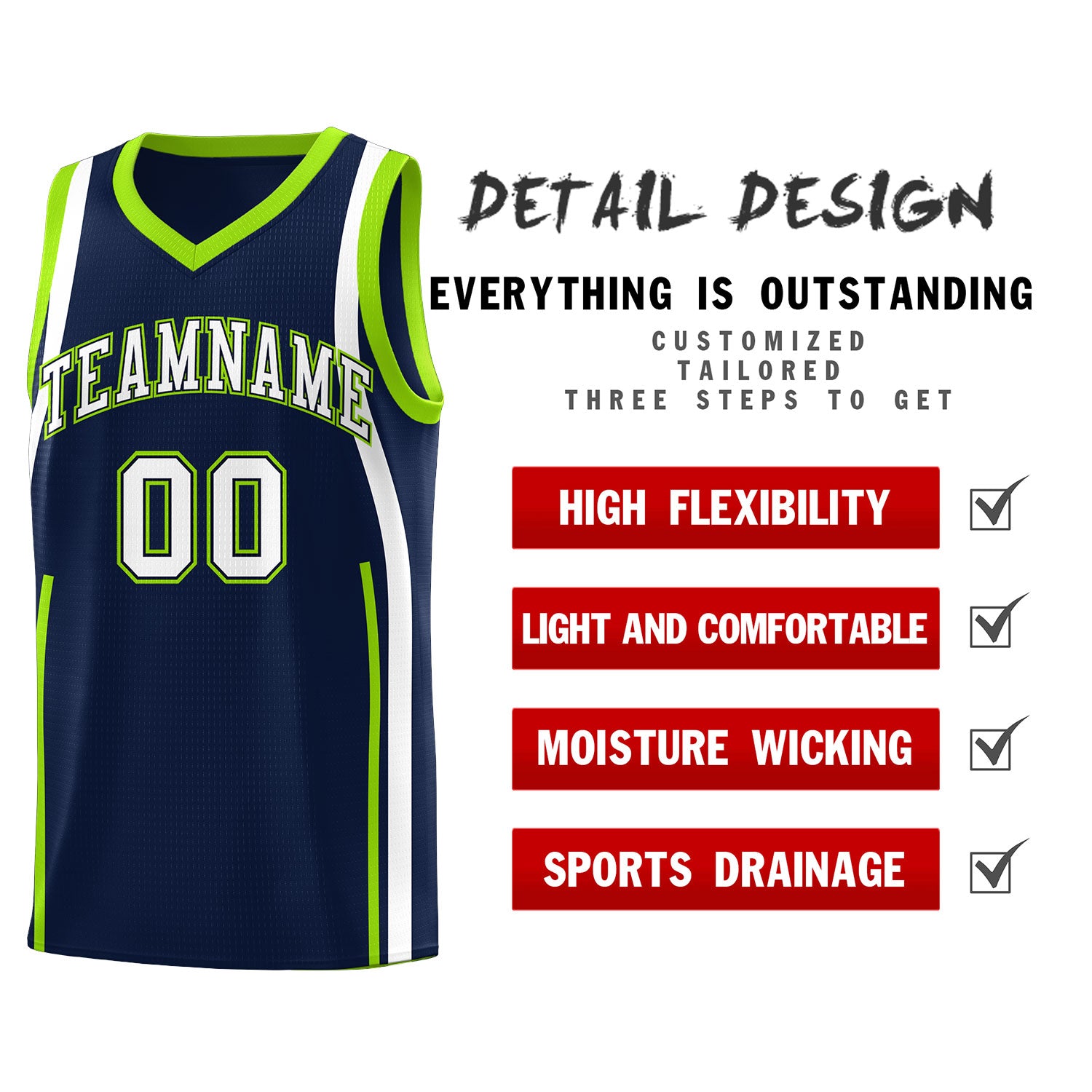 Custom Navy White-Fluorescent Green Ribbon Pattern Basketball Kits