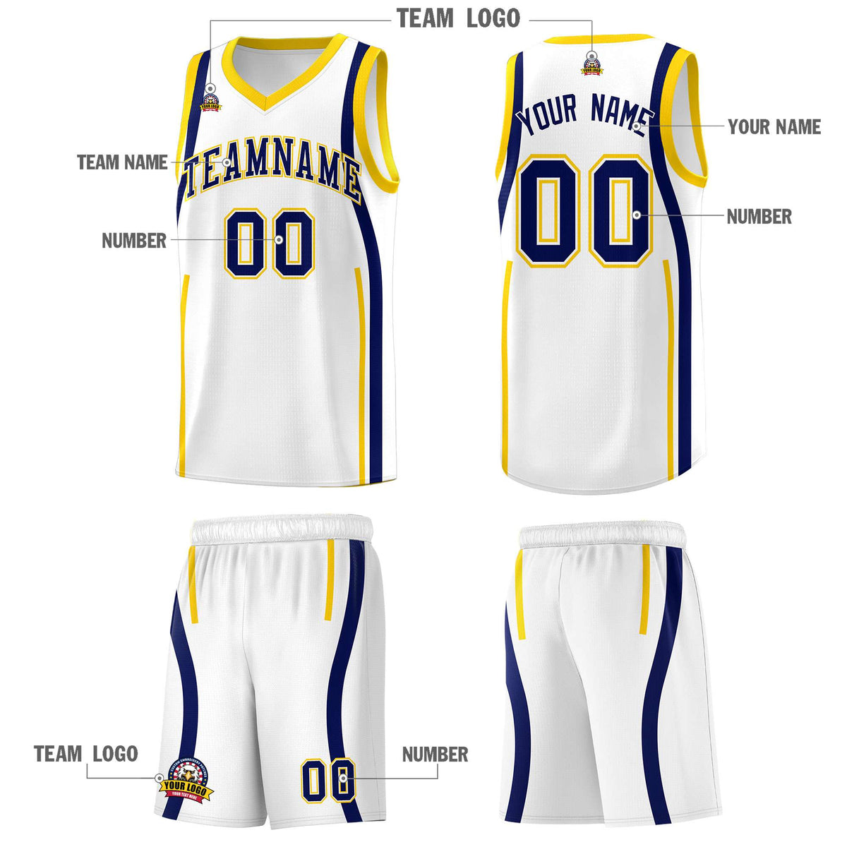 Custom White Navy-Gold Ribbon Pattern Basketball Kits