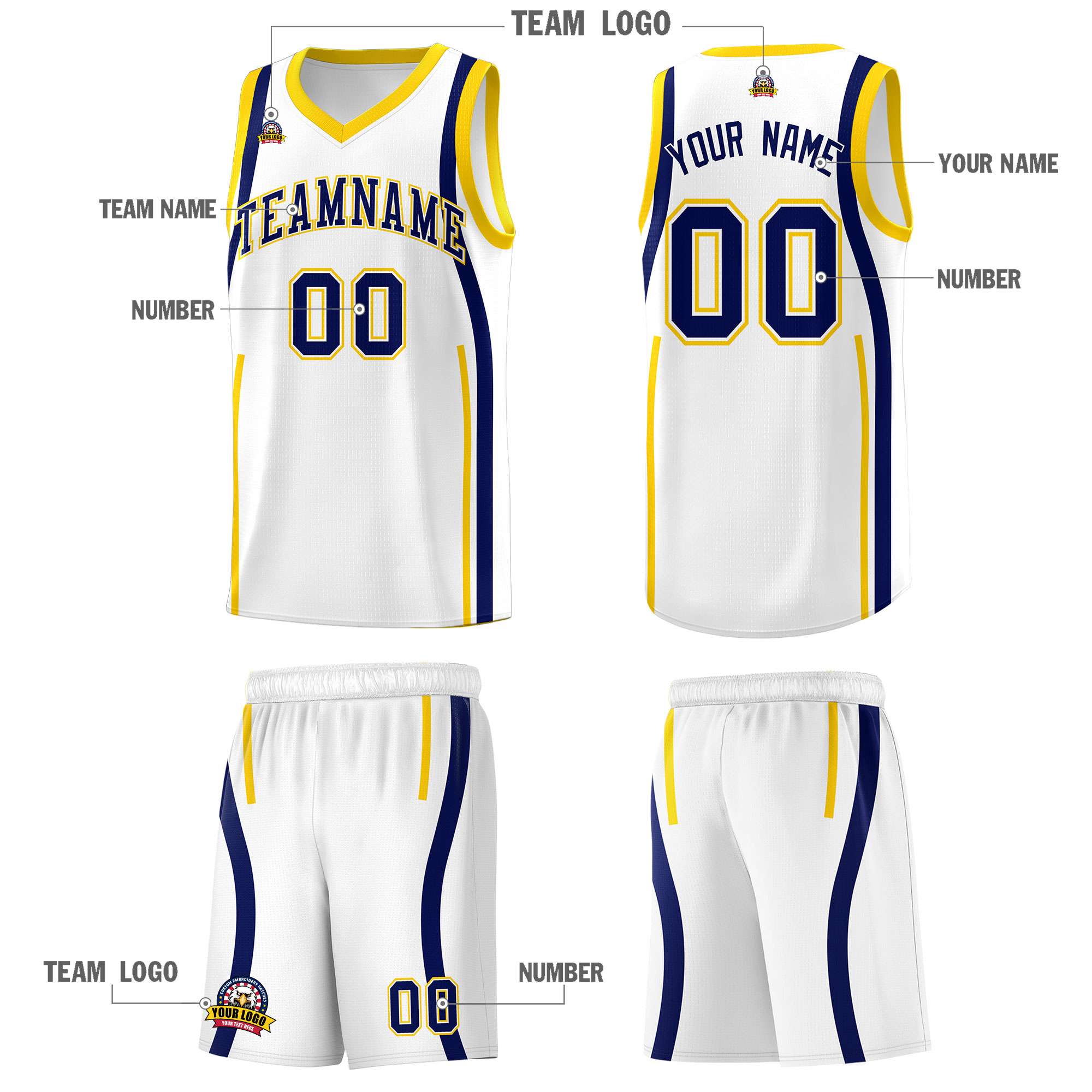 Custom White Navy-Gold Ribbon Pattern Basketball Kits