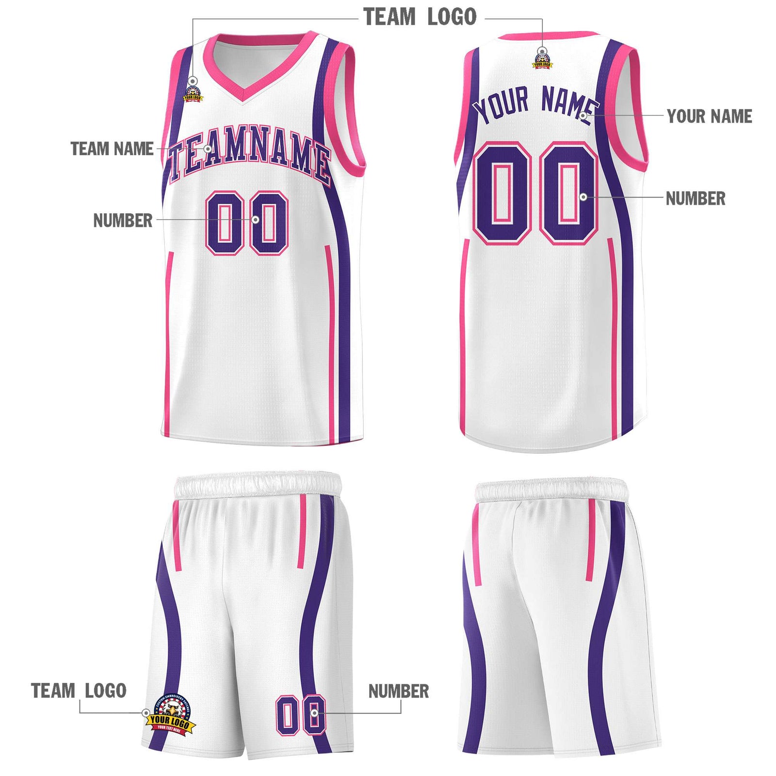 Custom White Pink-Purple Ribbon Pattern Basketball Kits