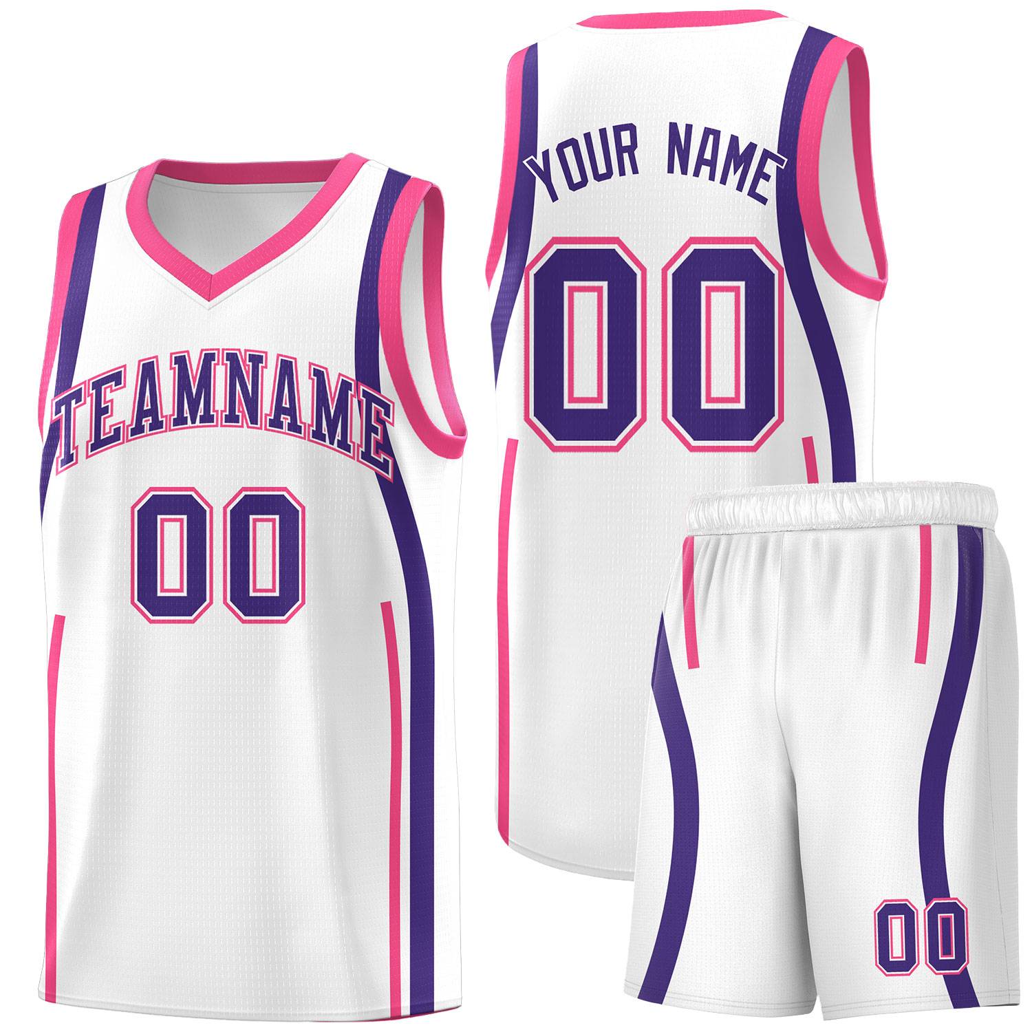 Custom White Pink-Purple Ribbon Pattern Basketball Kits