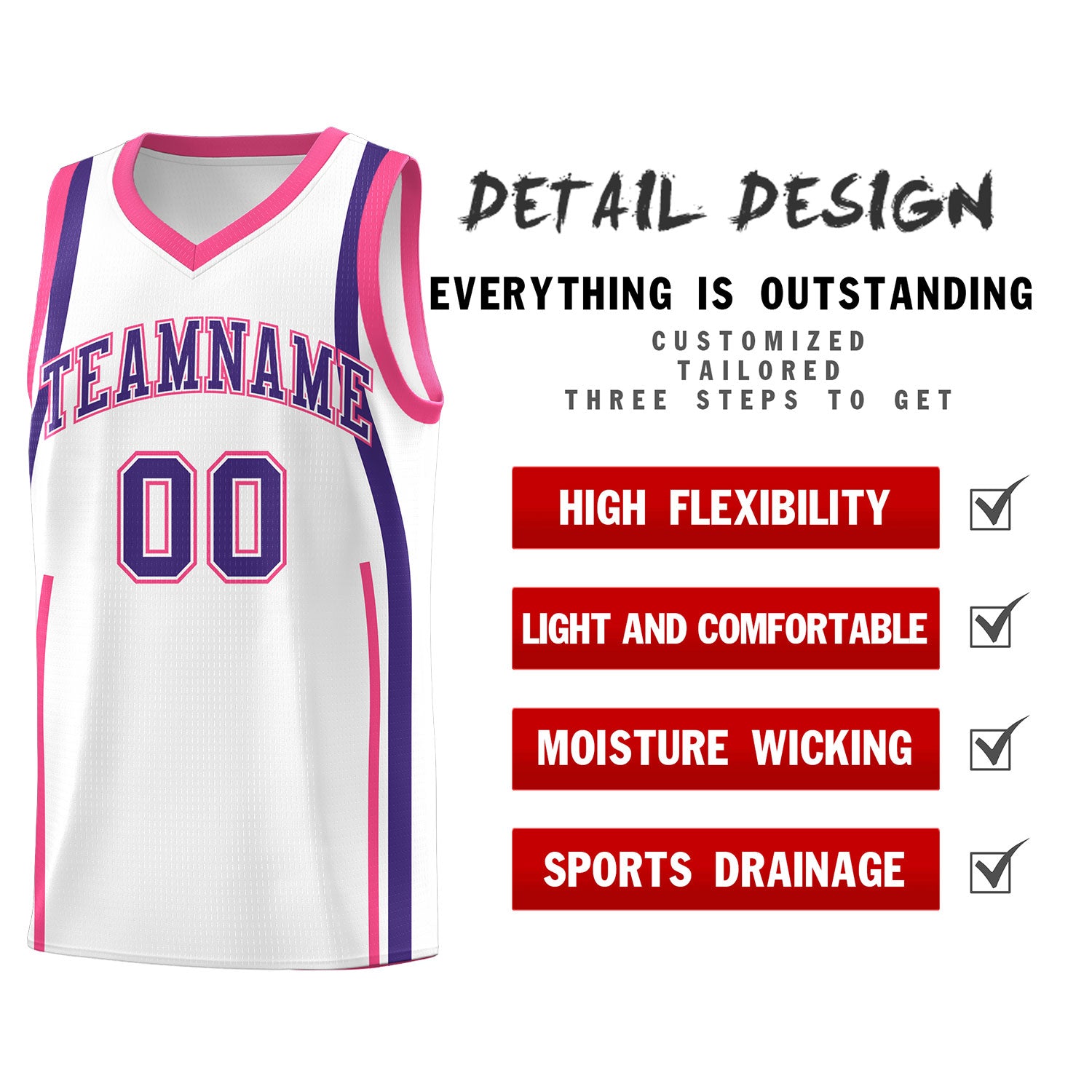 Custom White Pink-Purple Ribbon Pattern Basketball Kits