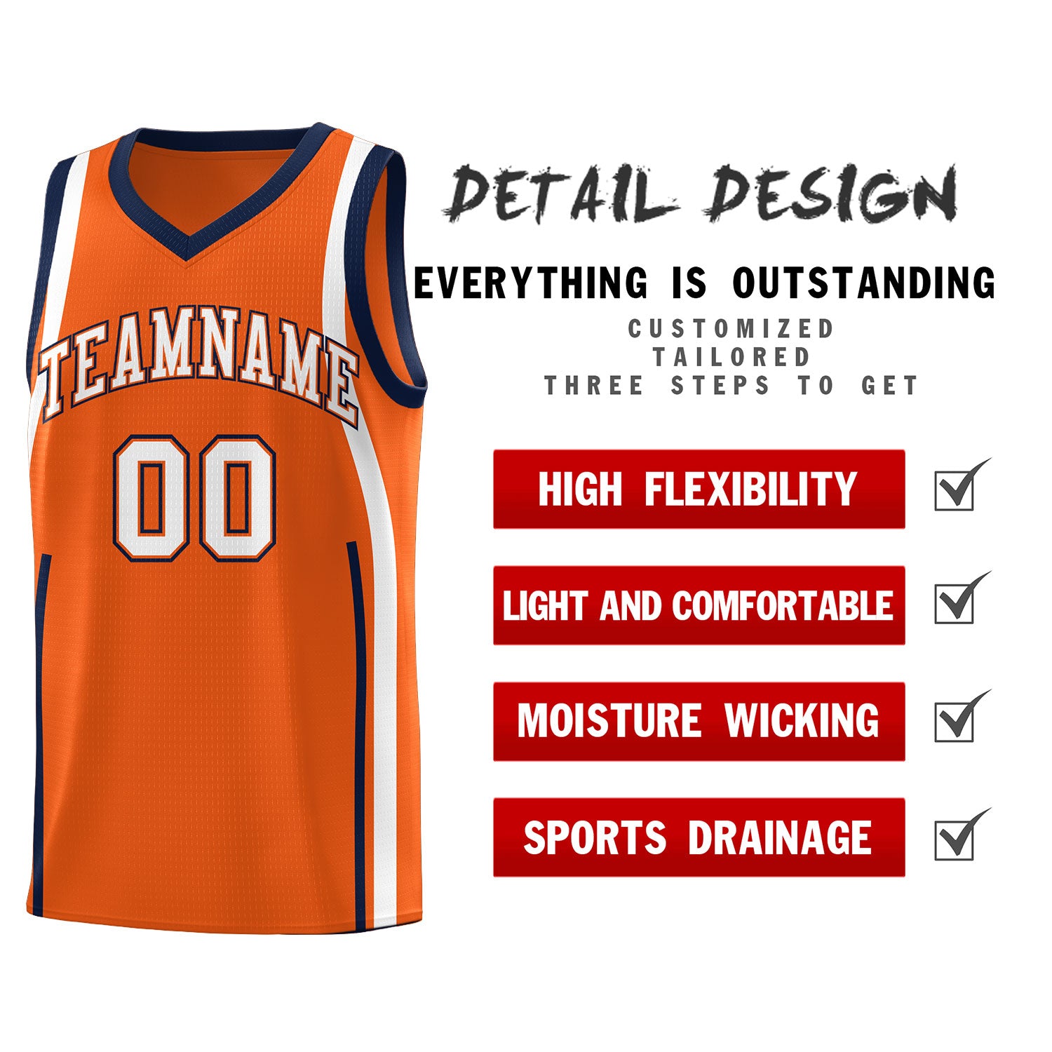 Custom Orange Navy-White Ribbon Pattern Basketball Kits