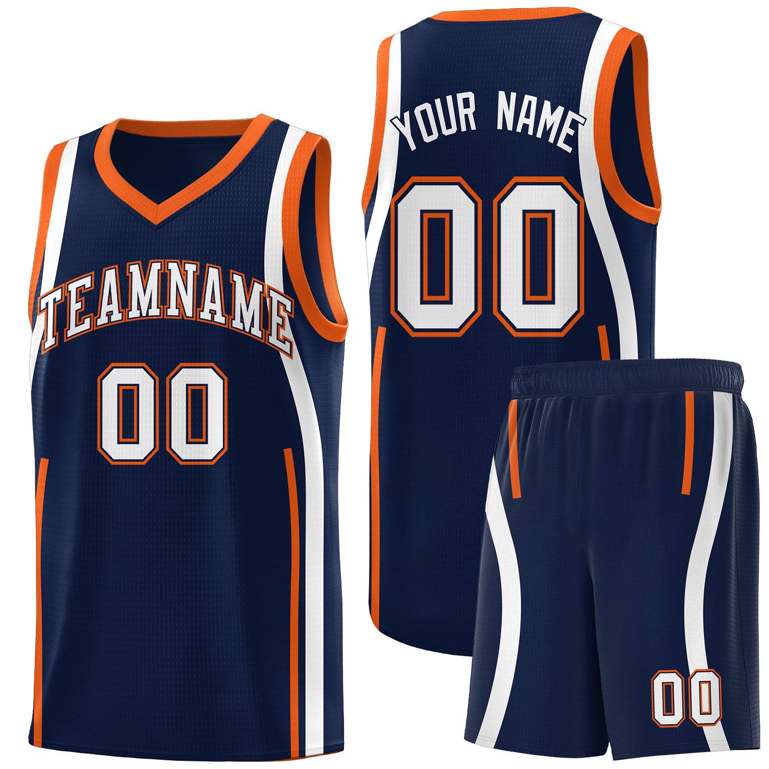 Custom Navy Orange-White Ribbon Pattern Basketball Kits