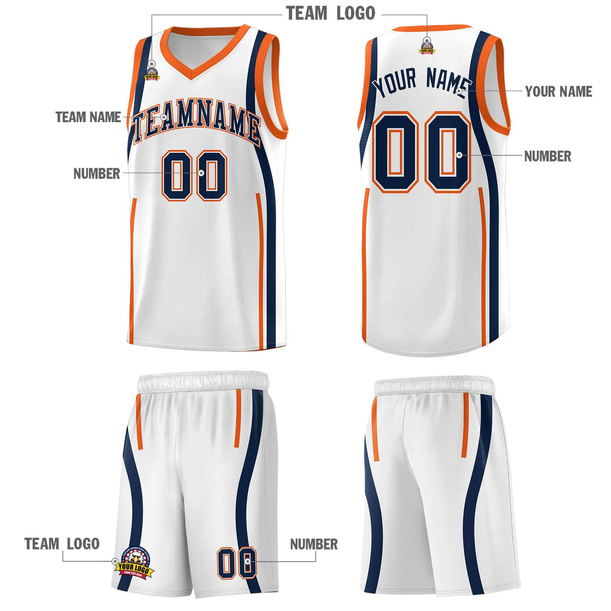 Custom White Navy-Orange Ribbon Pattern Basketball Kits