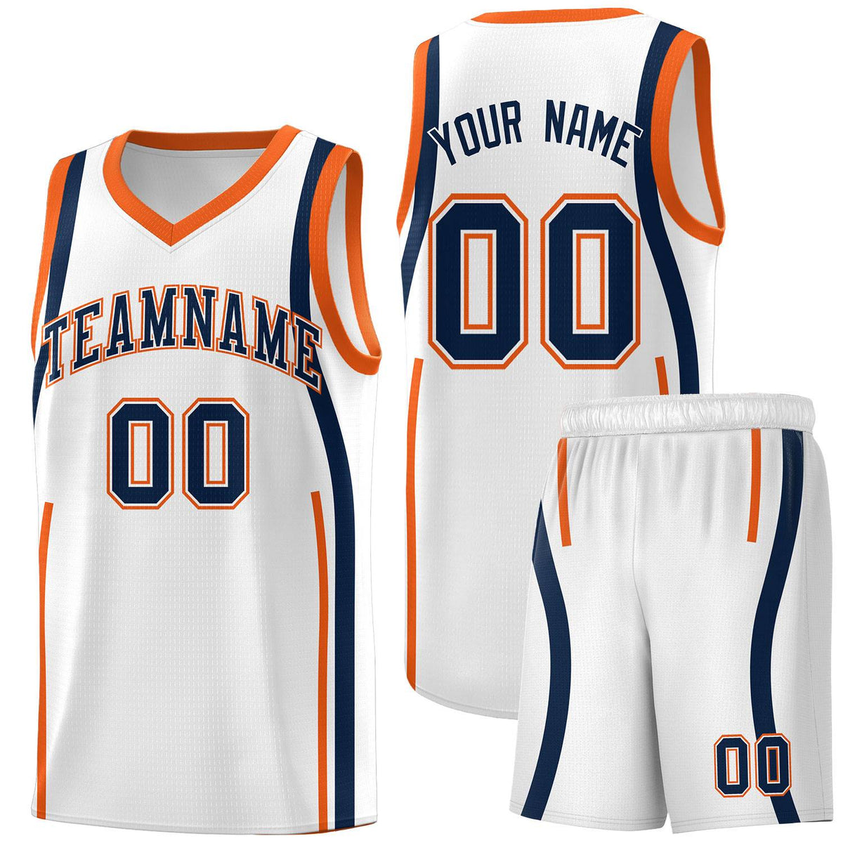 Custom White Navy-Orange Ribbon Pattern Basketball Kits