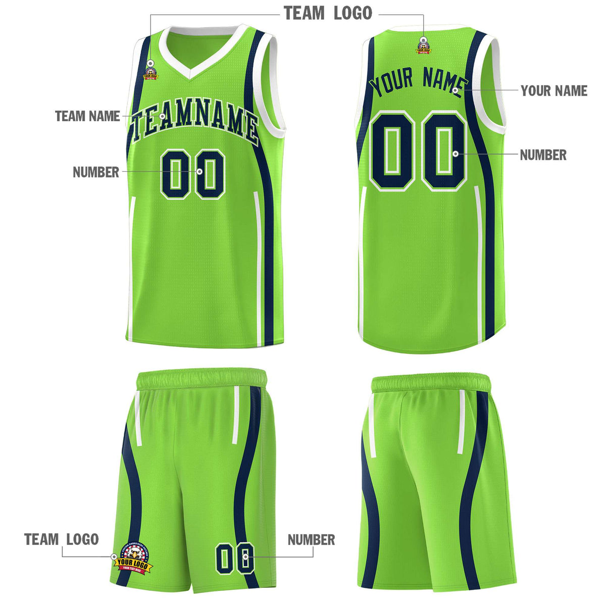 Custom Fluorescent Green Navy-White Ribbon Pattern Basketball Kits