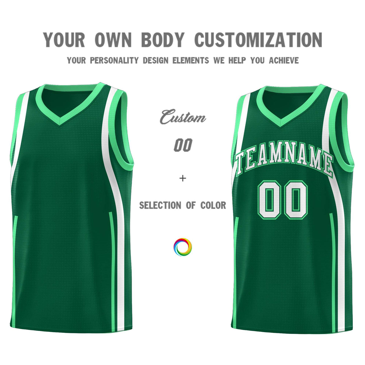 Custom Kelly Green Green-White Ribbon Pattern Basketball Kits
