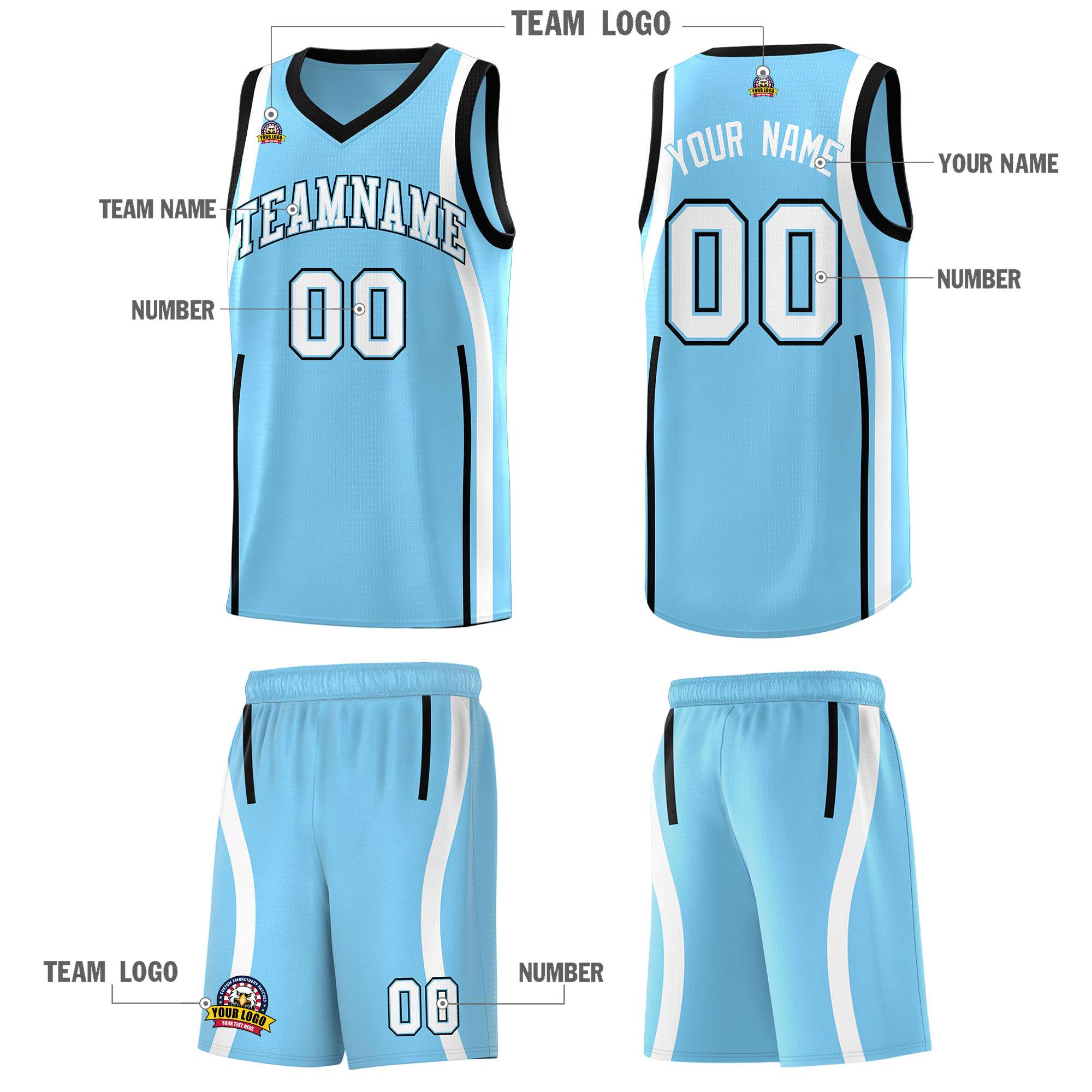 Custom Light Blue Black-White Ribbon Pattern Basketball Kits
