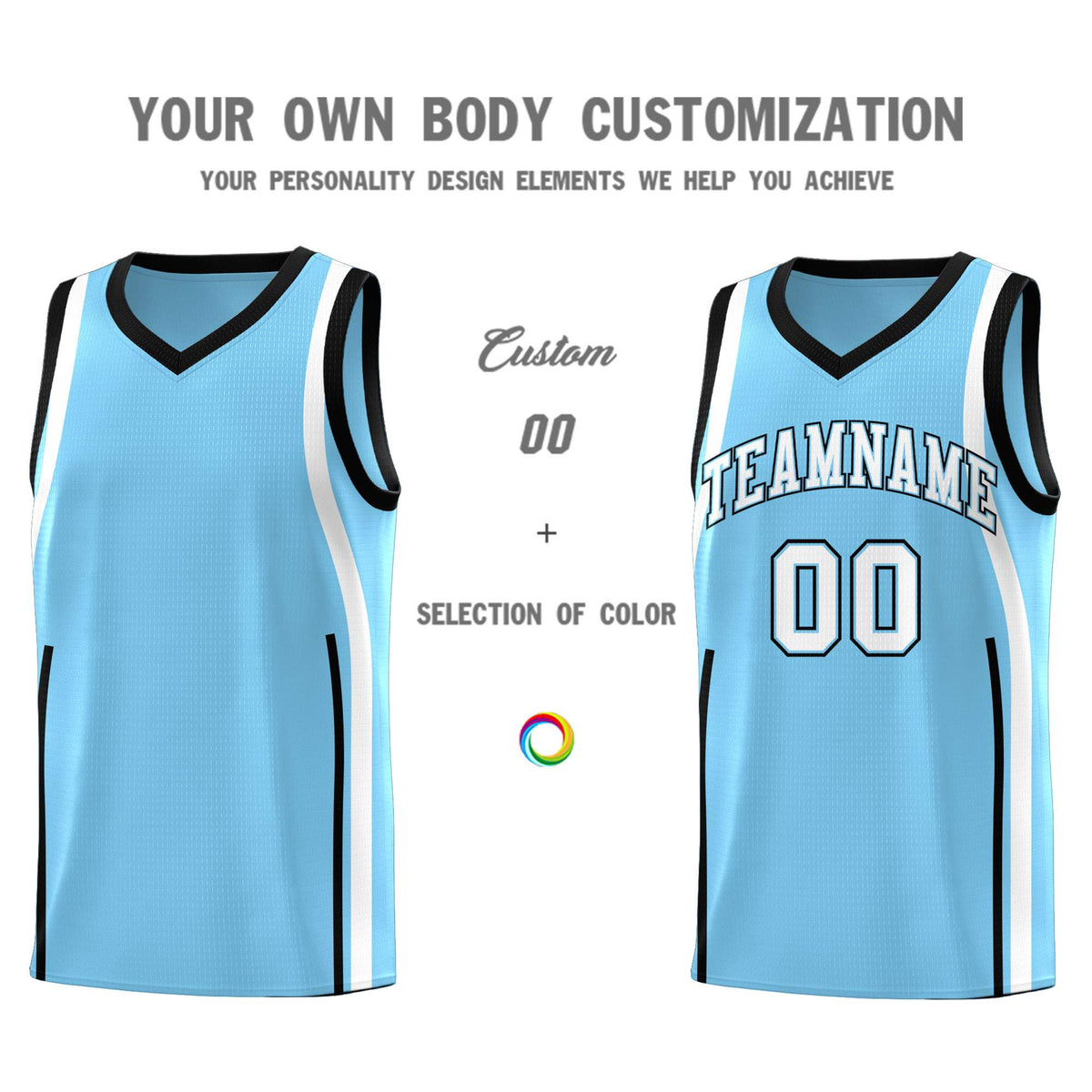 Custom Light Blue Black-White Ribbon Pattern Basketball Kits