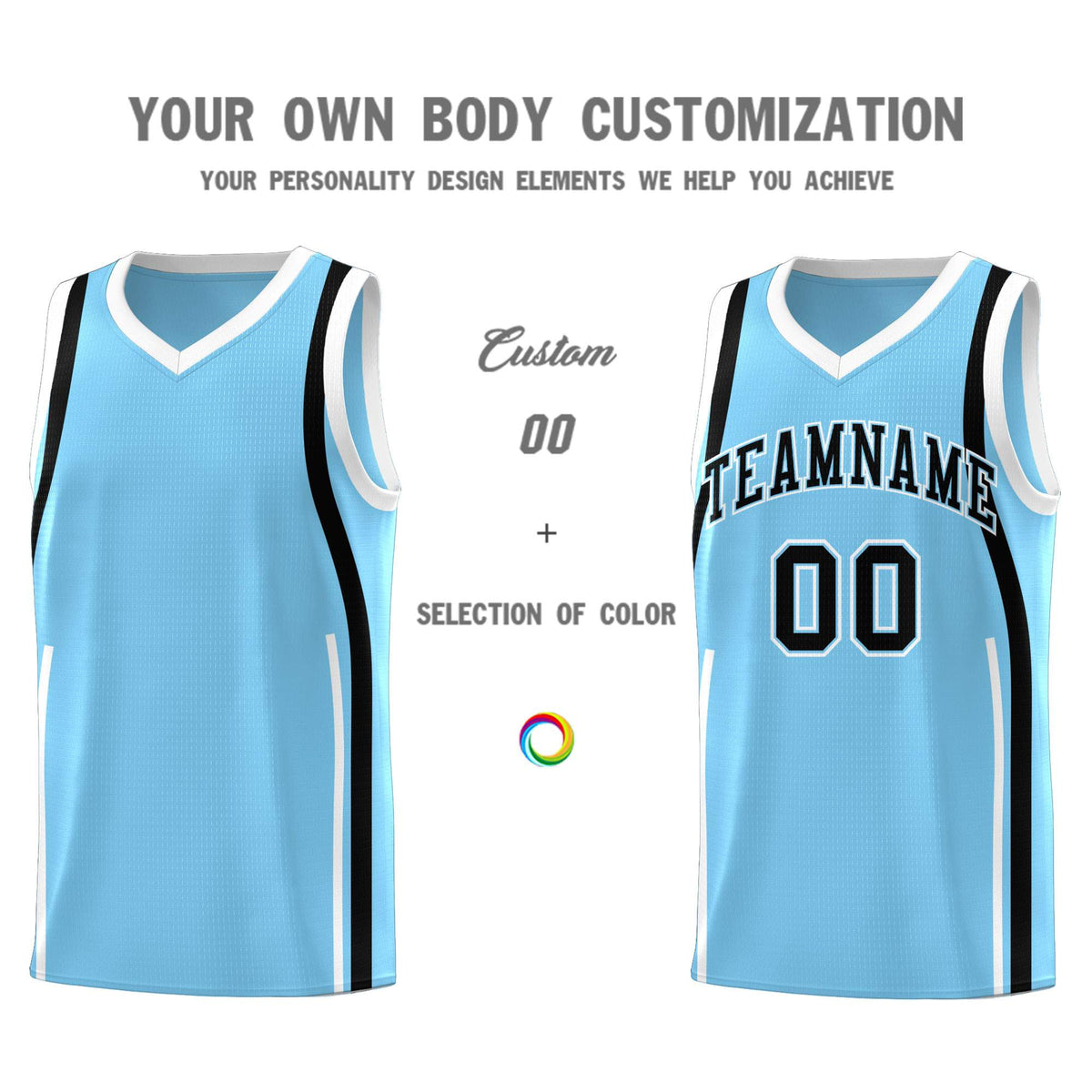 Custom Light Blue Black-White Ribbon Pattern Basketball Kits