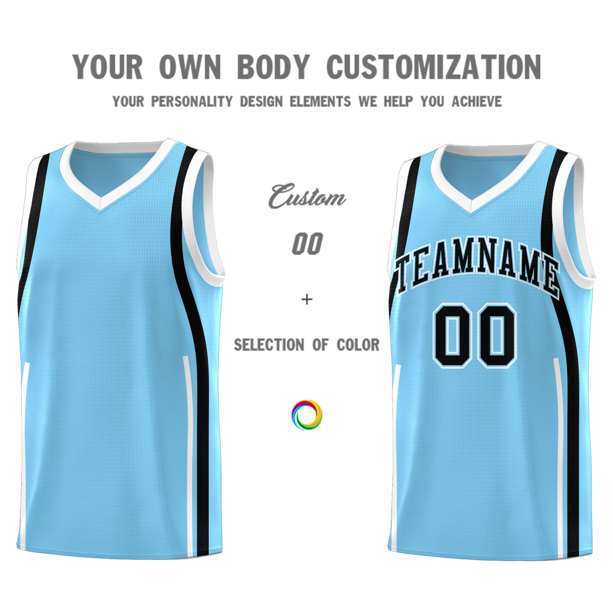 Custom Light Blue Black-White Ribbon Pattern Basketball Kits