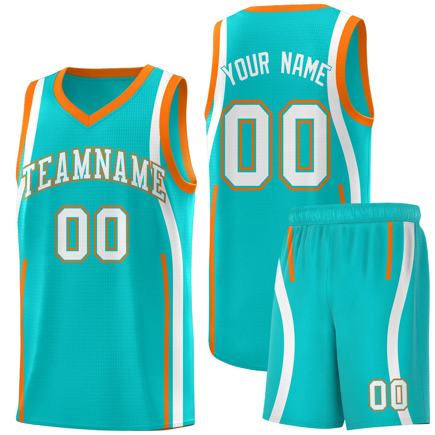 Custom Aqua Orange-White Ribbon Pattern Basketball Kits