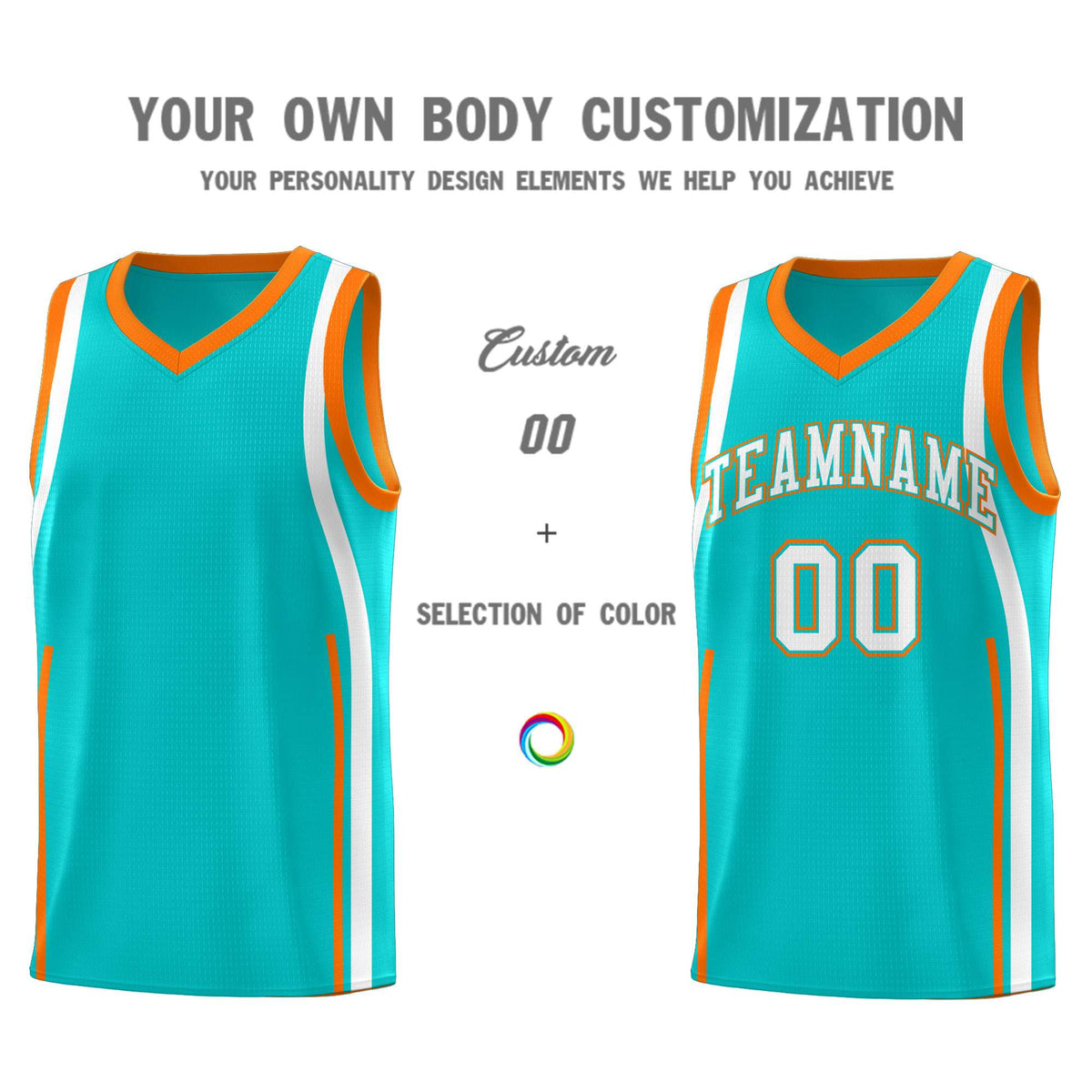 Custom Aqua Orange-White Ribbon Pattern Basketball Kits