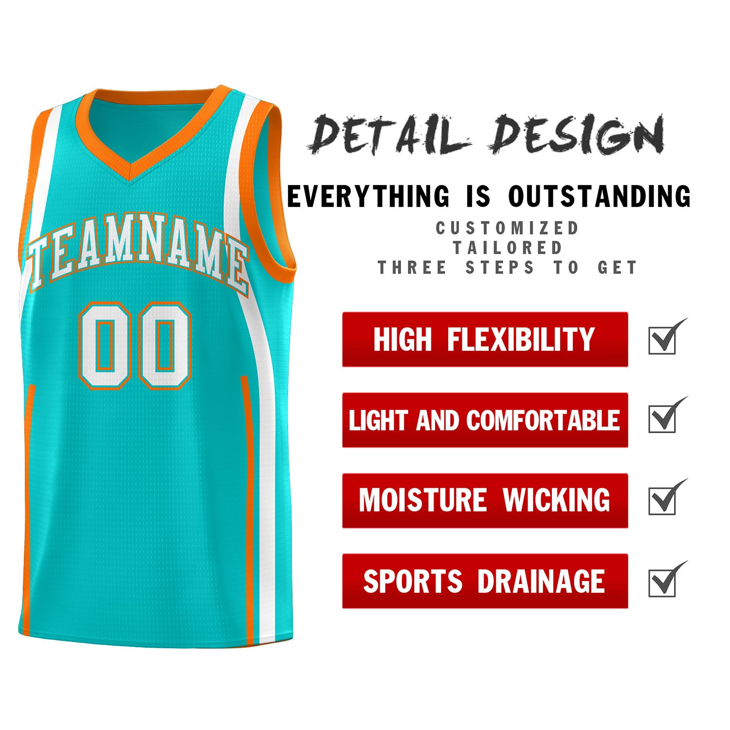Custom Aqua Orange-White Ribbon Pattern Basketball Kits