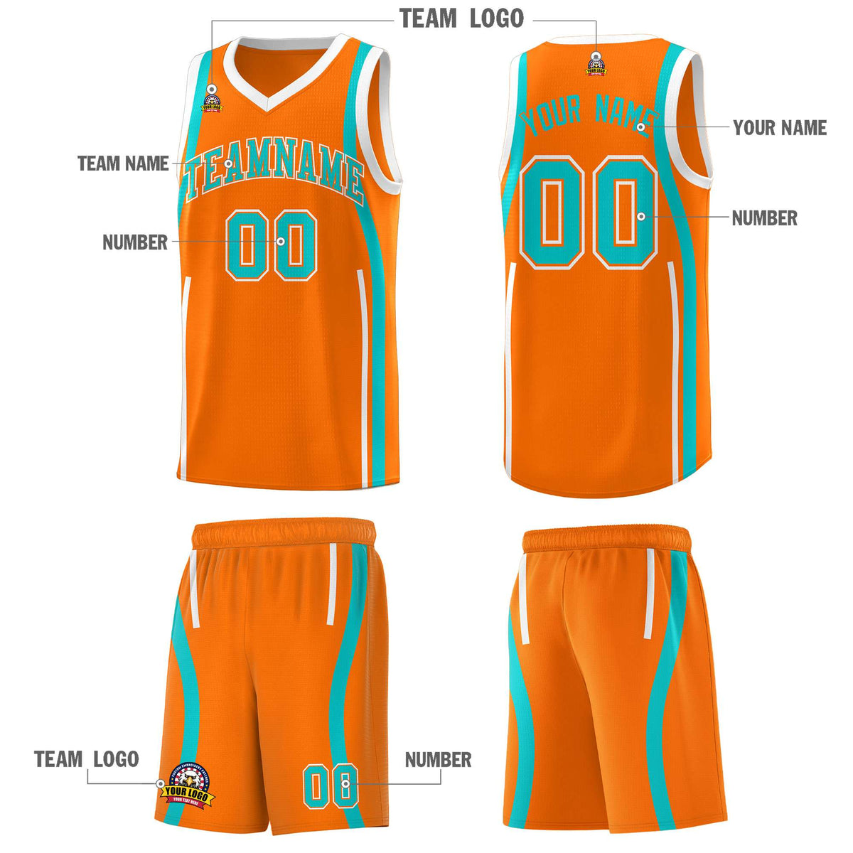 Custom Orange Aqua-White Ribbon Pattern Basketball Kits