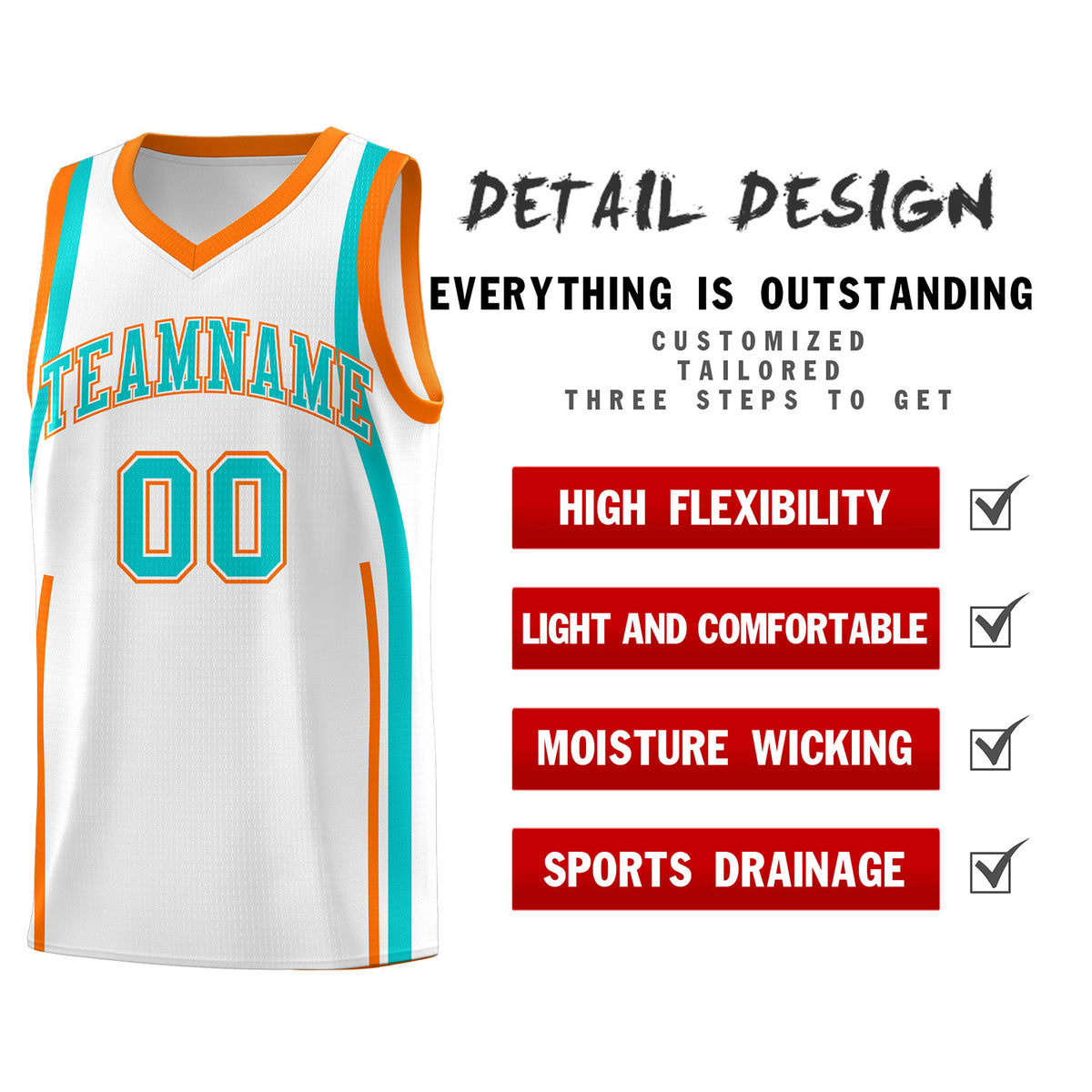 Custom White Aqua-Orange Ribbon Pattern Basketball Kits