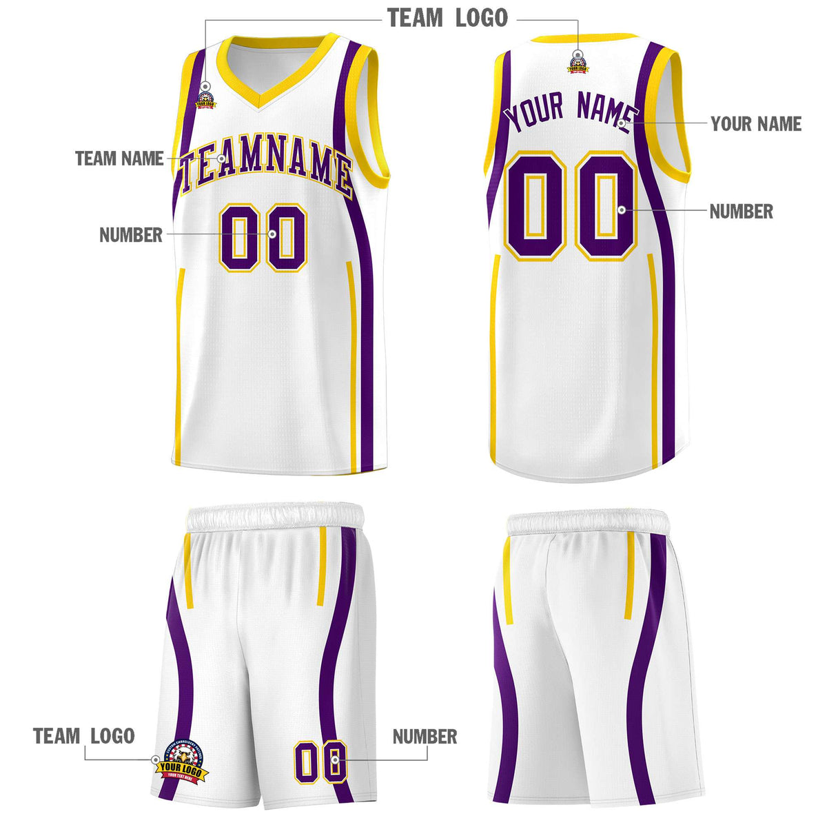 Custom White Purple-Gold Ribbon Pattern Basketball Kits