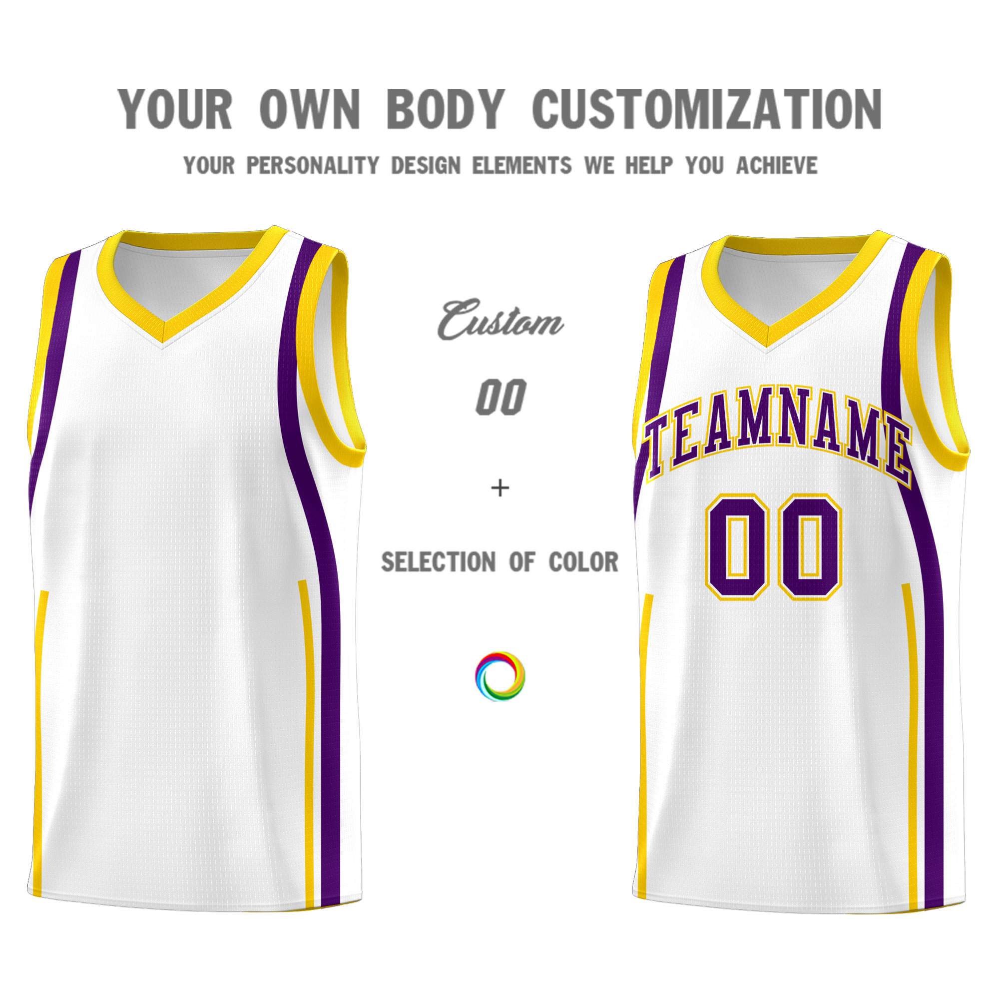 Custom White Purple-Gold Ribbon Pattern Basketball Kits