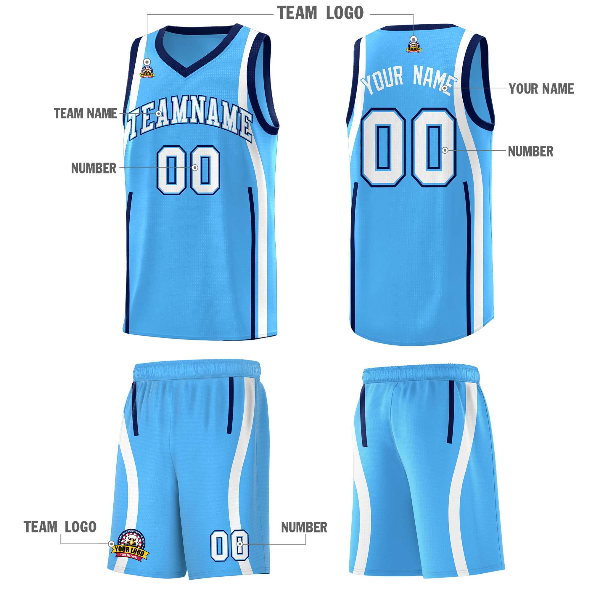 Custom Powder Blue Navy-White Ribbon Pattern Basketball Kits