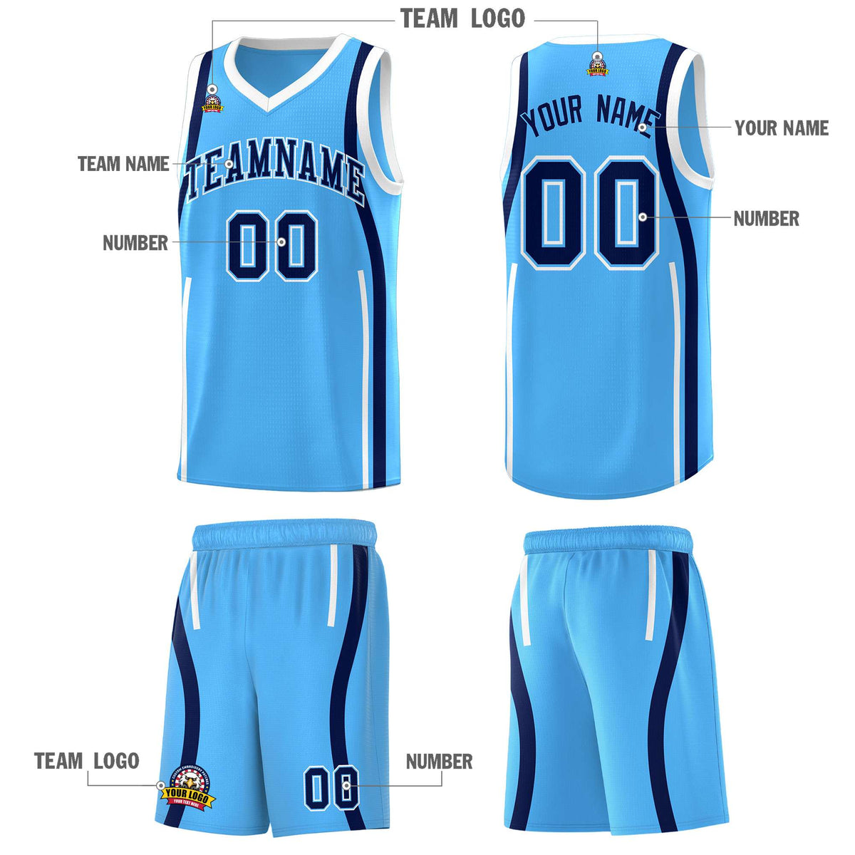 Custom Powder Blue Navy-White Ribbon Pattern Basketball Kits