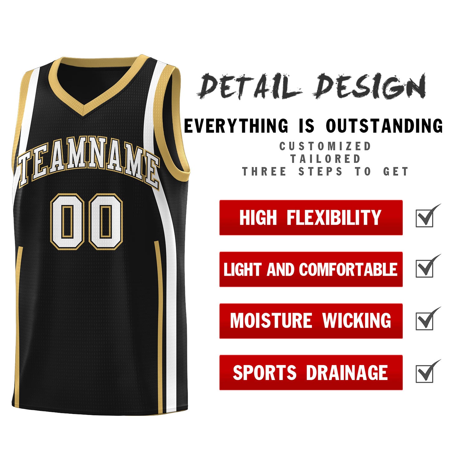 Custom Black Old Gold-White Ribbon Pattern Basketball Kits