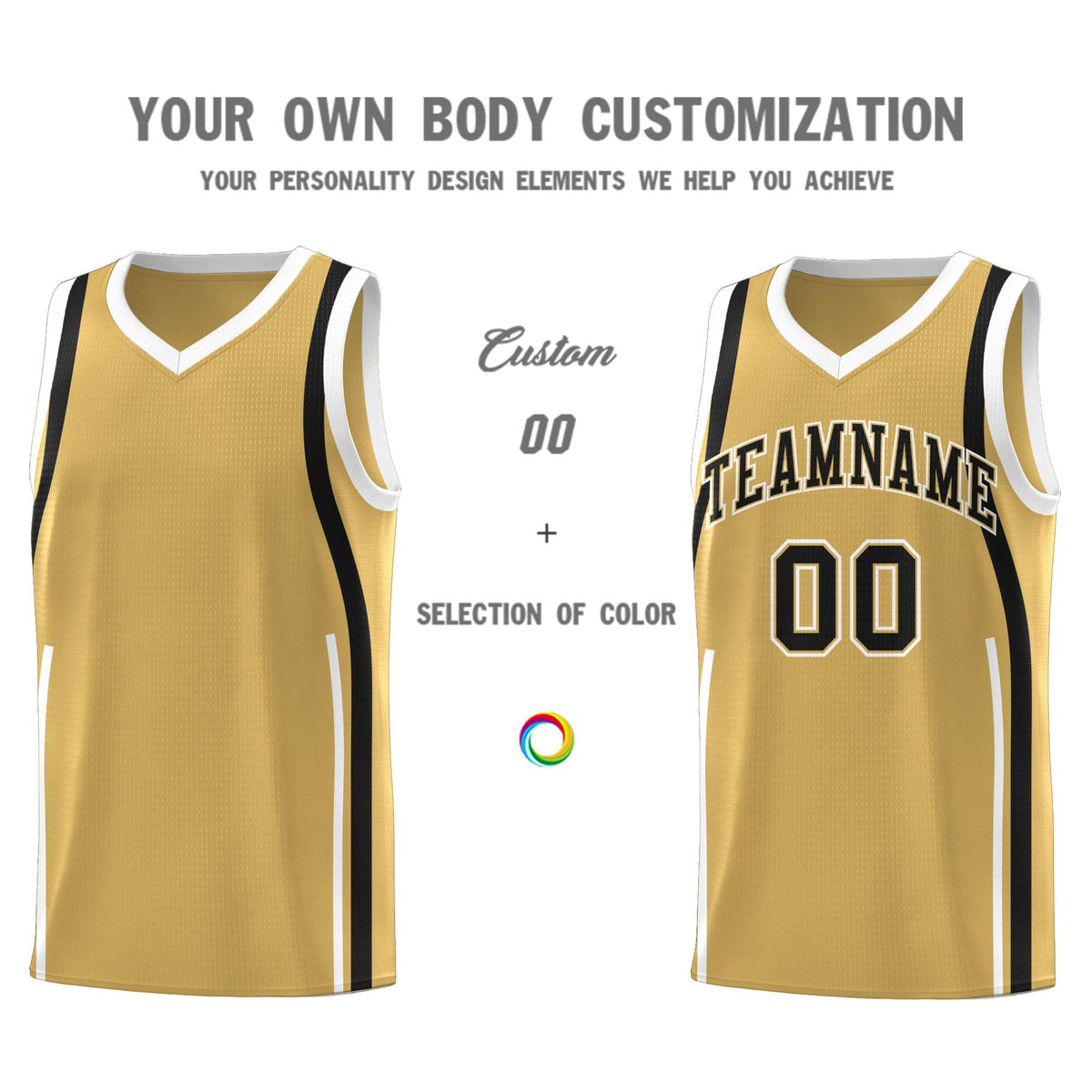 Custom Old Gold Black-White Ribbon Pattern Basketball Kits