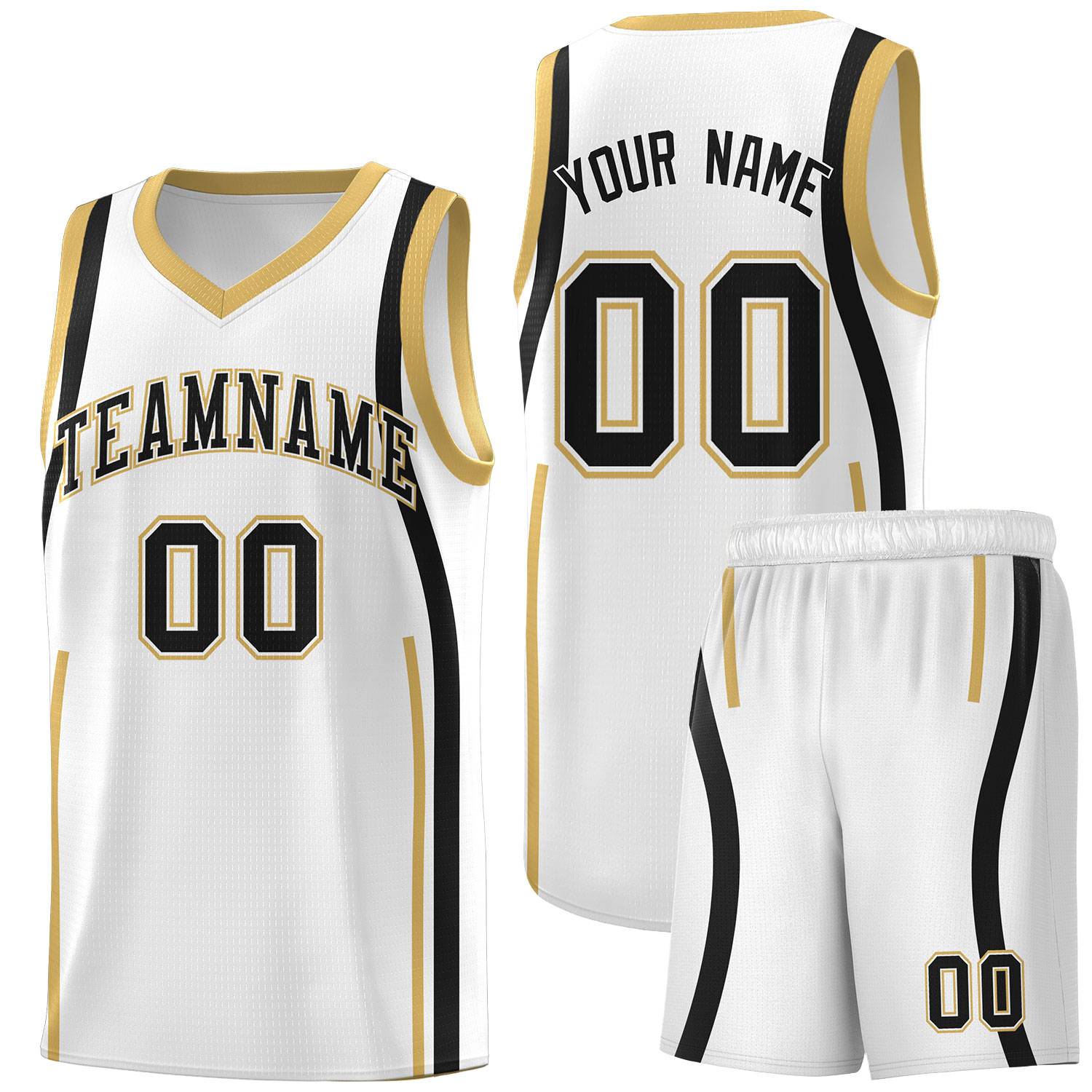 Custom White Black-White Ribbon Pattern Basketball Kits