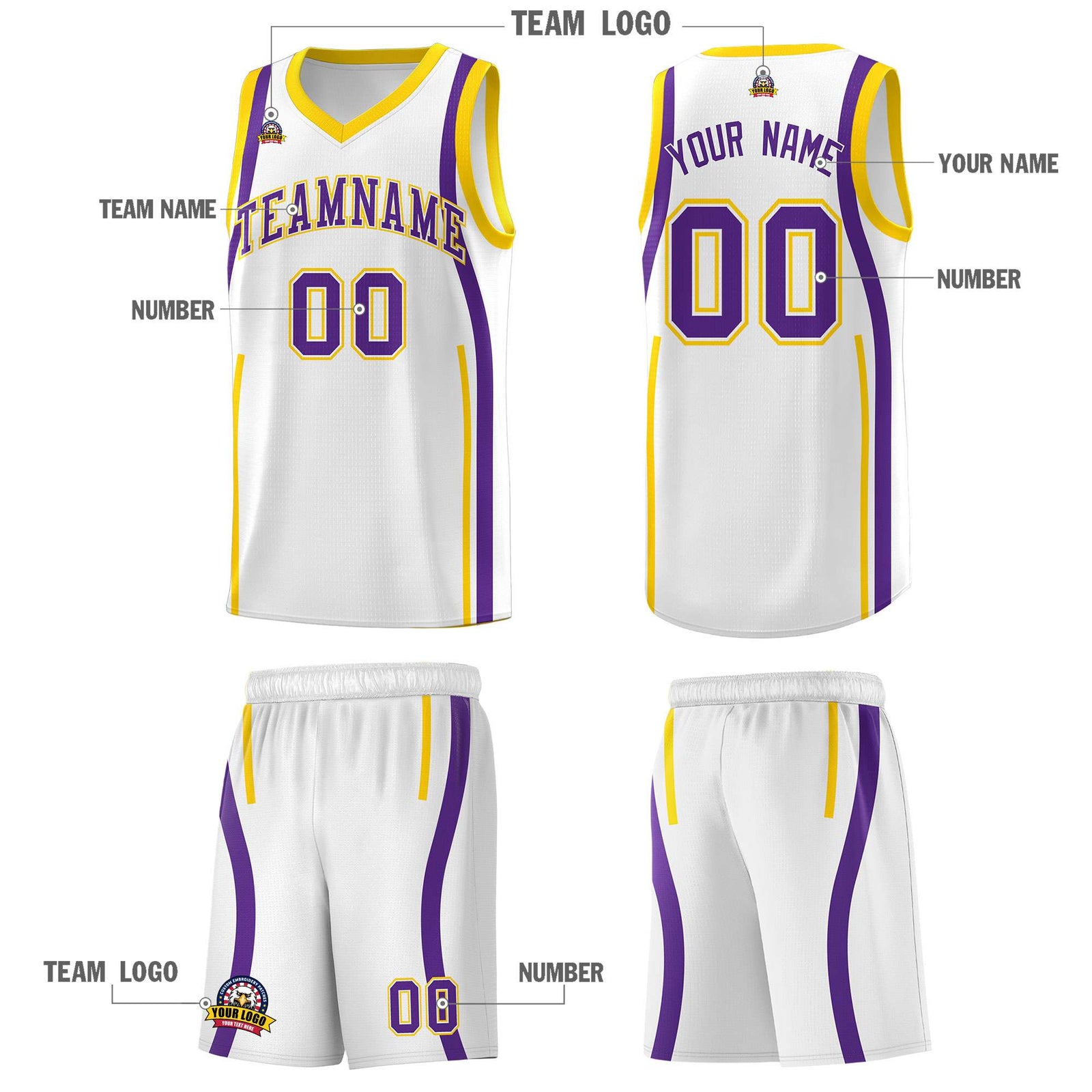 Custom White Gold-Purple Ribbon Pattern Basketball Kits