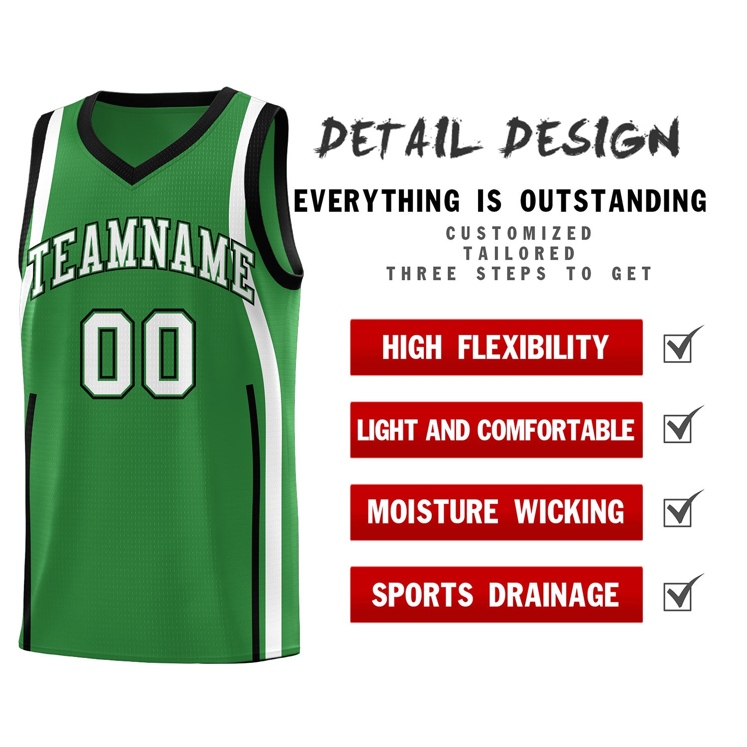 Custom Kelly Green Black-White Ribbon Pattern Basketball Kits
