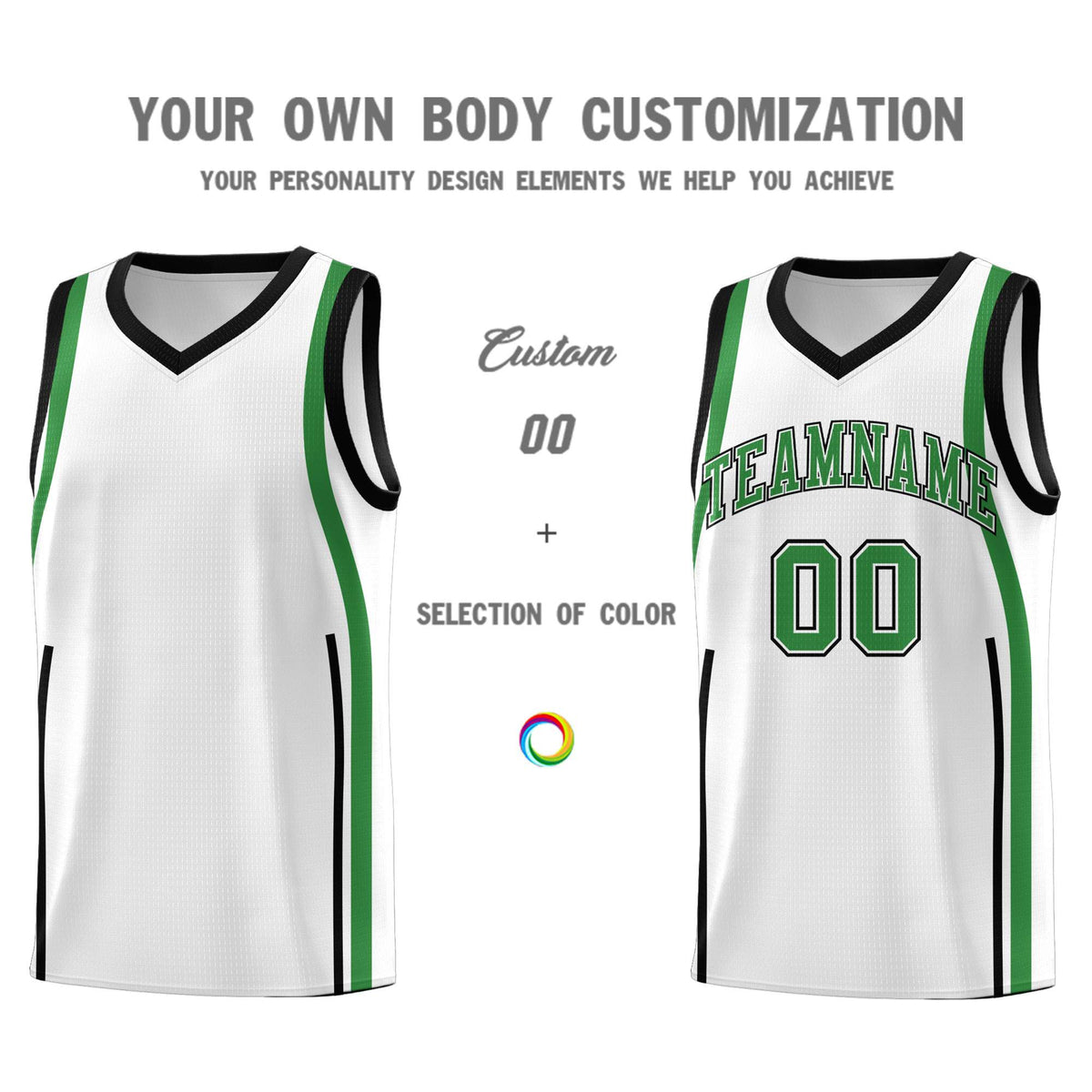 Custom White Kelly Green-White Ribbon Pattern Basketball Kits