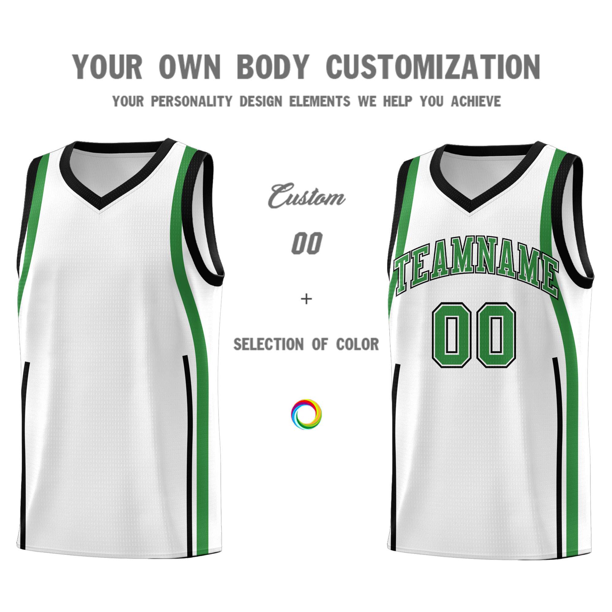 Custom White Kelly Green-White Ribbon Pattern Basketball Kits