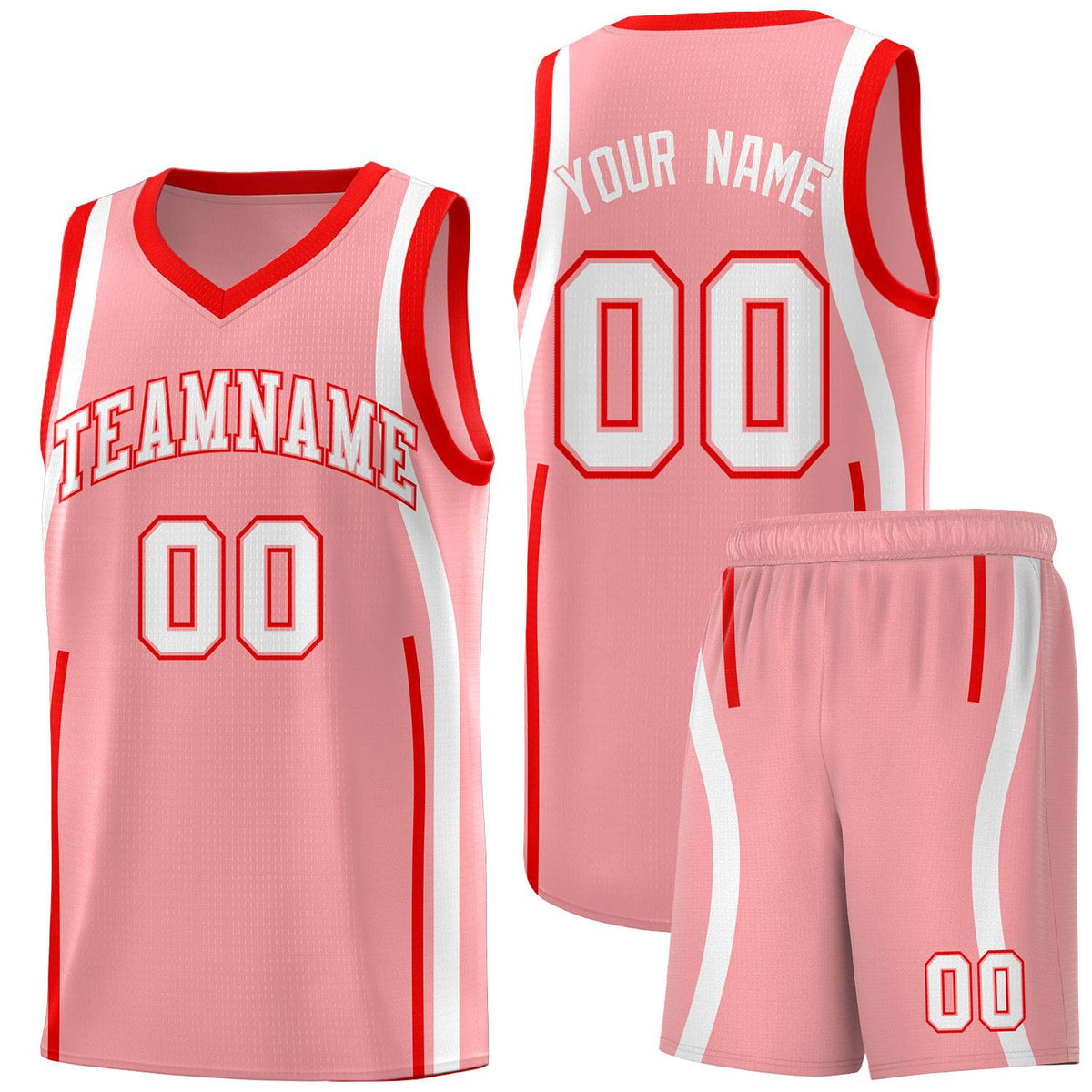 Custom Light Pink Light Red-White Ribbon Pattern Basketball Kits