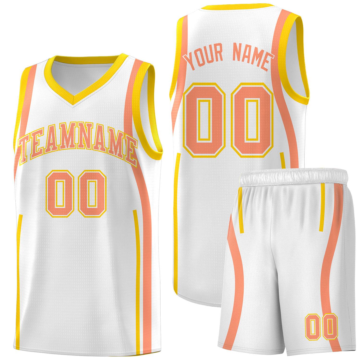 Custom White Light Orange-Gold Ribbon Pattern Basketball Kits
