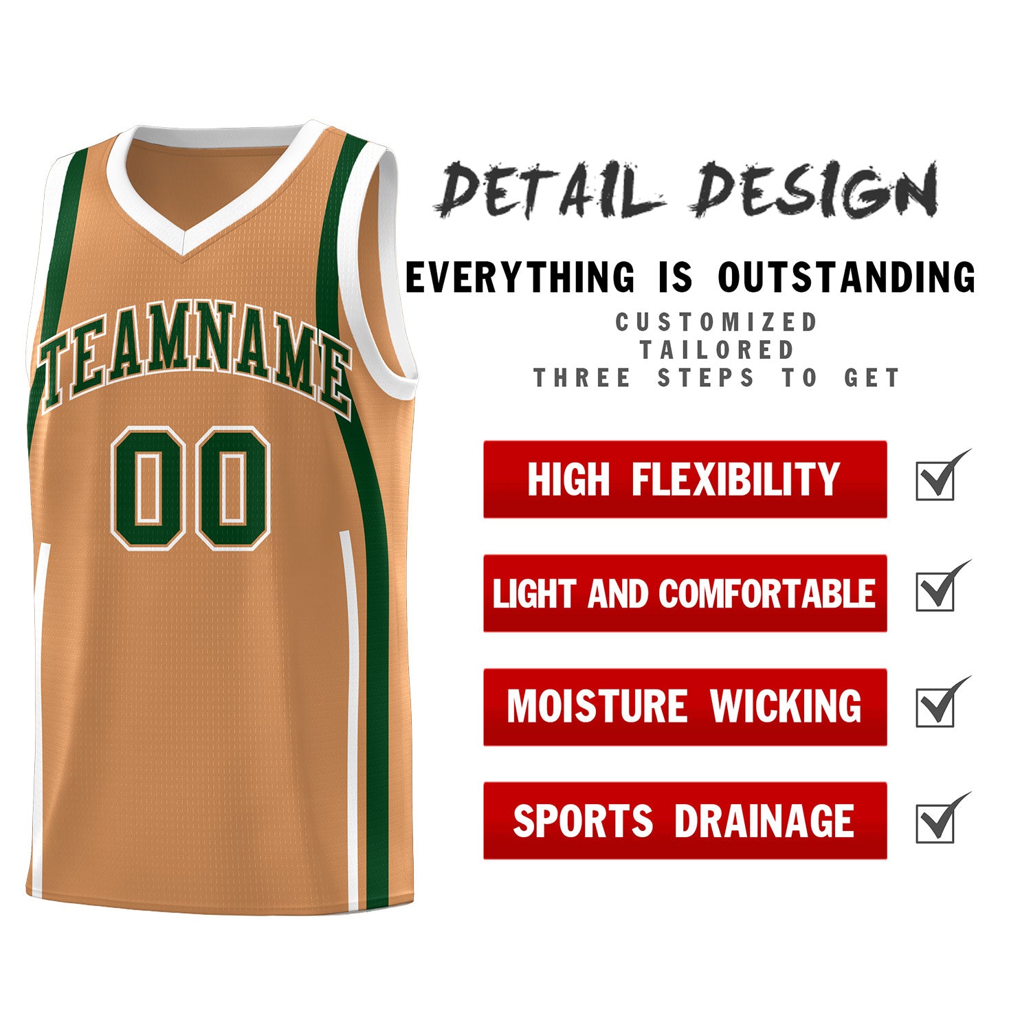 Custom Buckskin Brown Green-White Ribbon Pattern Basketball Kits