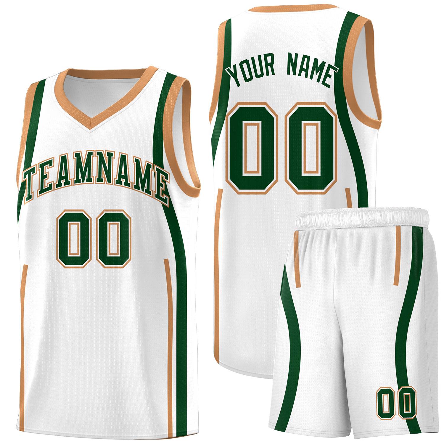 Custom White Green-Buckskin Brown Ribbon Pattern Basketball Kits