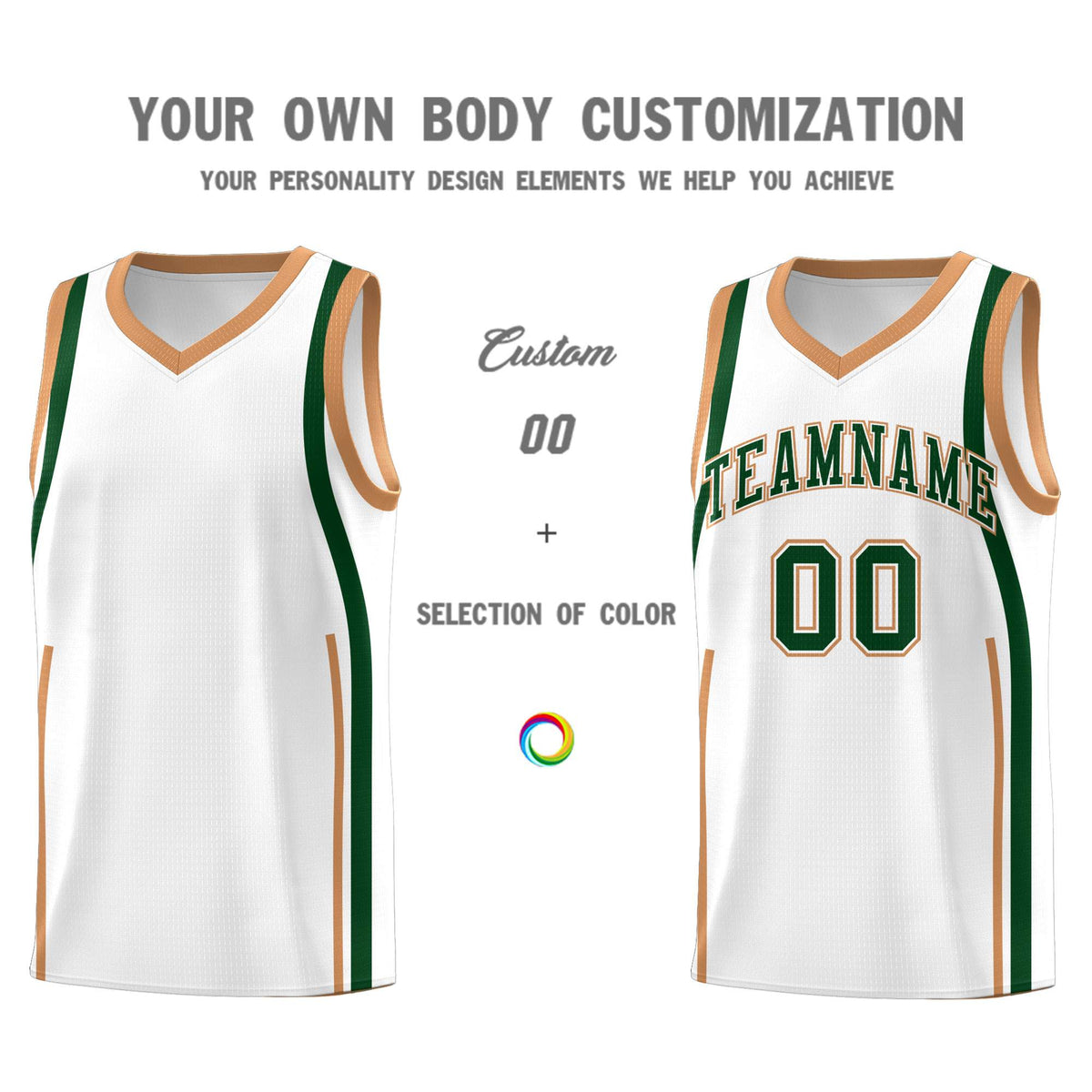 Custom White Green-Buckskin Brown Ribbon Pattern Basketball Kits