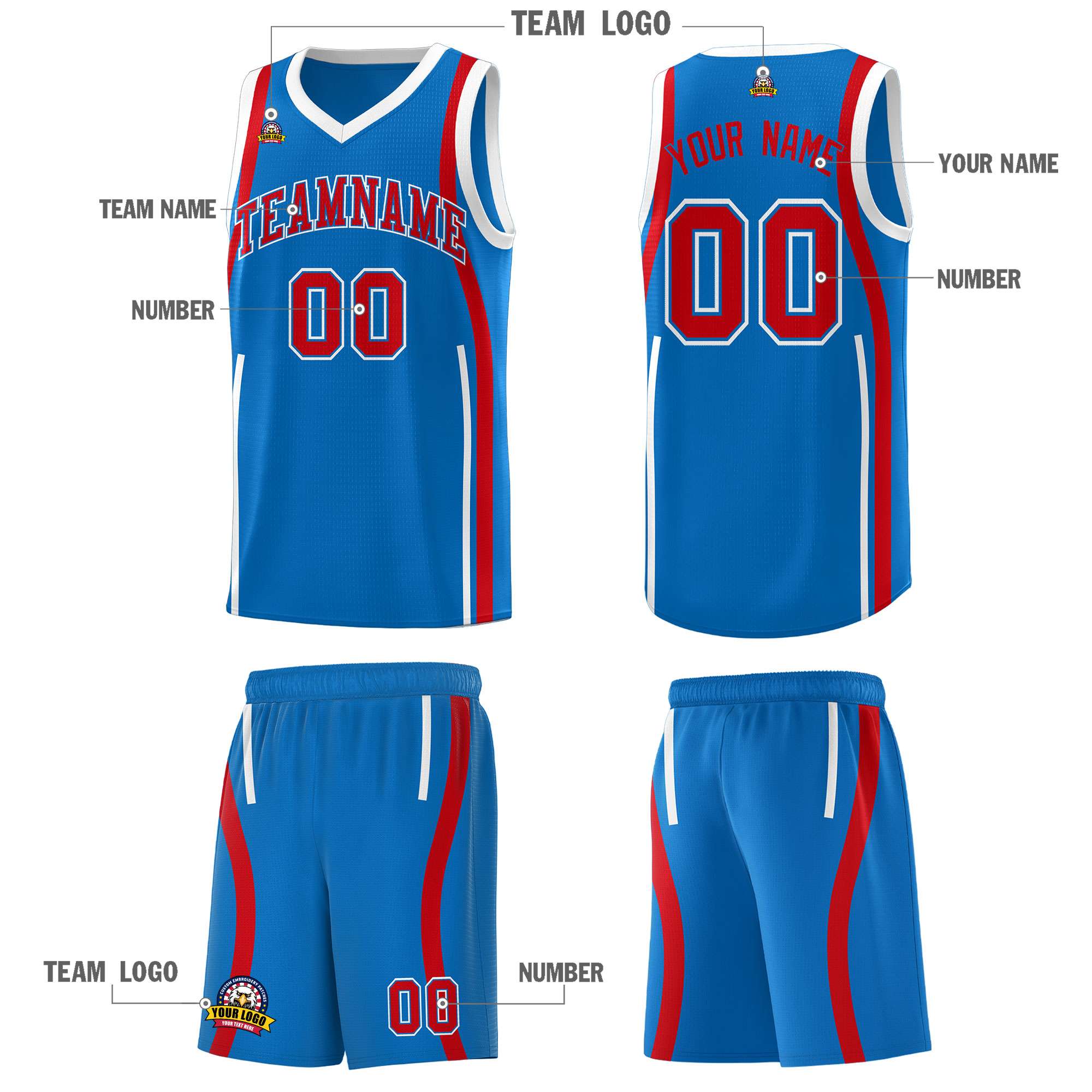 Custom Royal Red-White Ribbon Pattern Basketball Kits