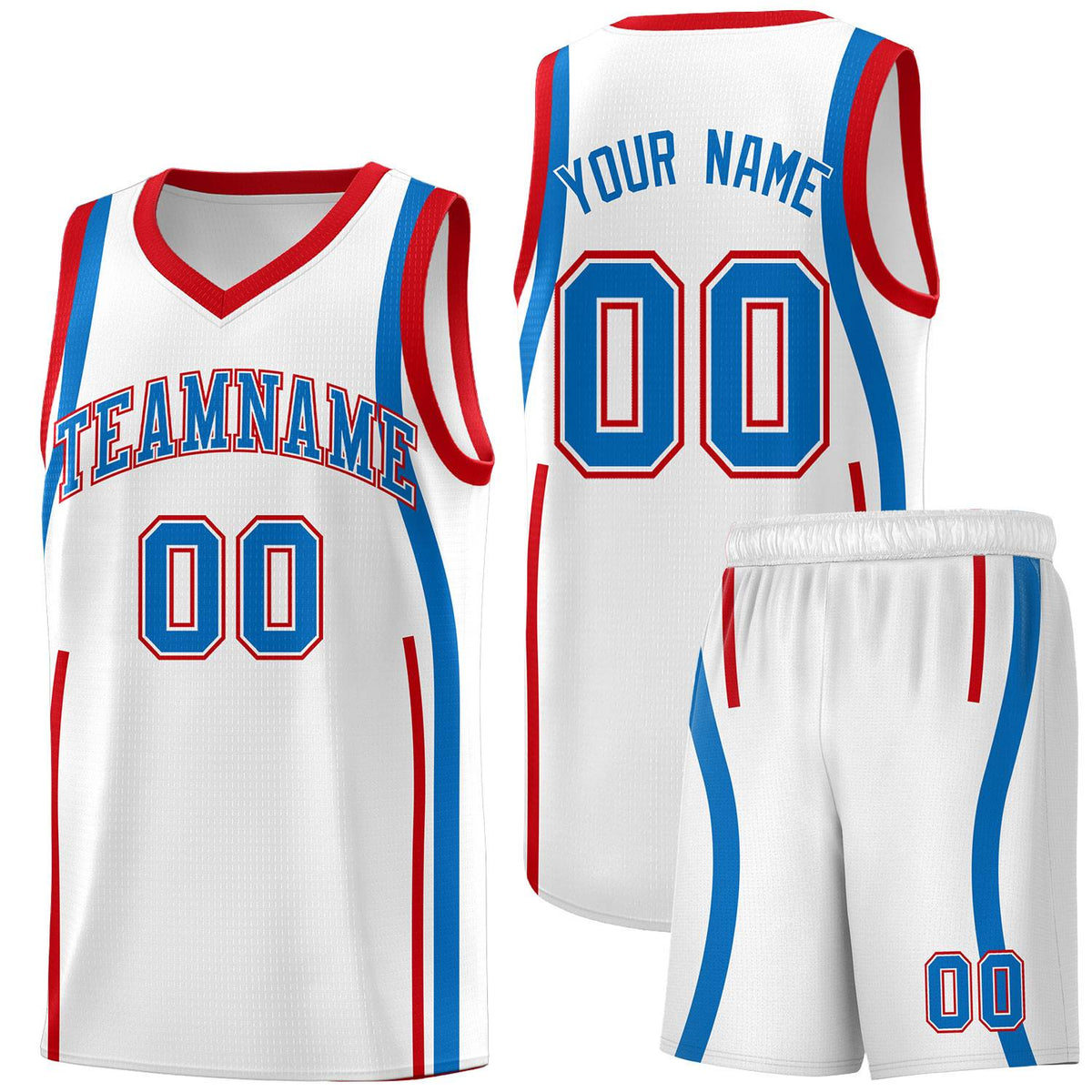 Custom White Royal-Red Ribbon Pattern Basketball Kits