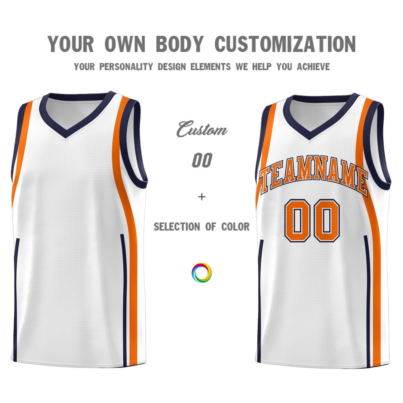 Custom White Navy-Orange Ribbon Pattern Basketball Kits