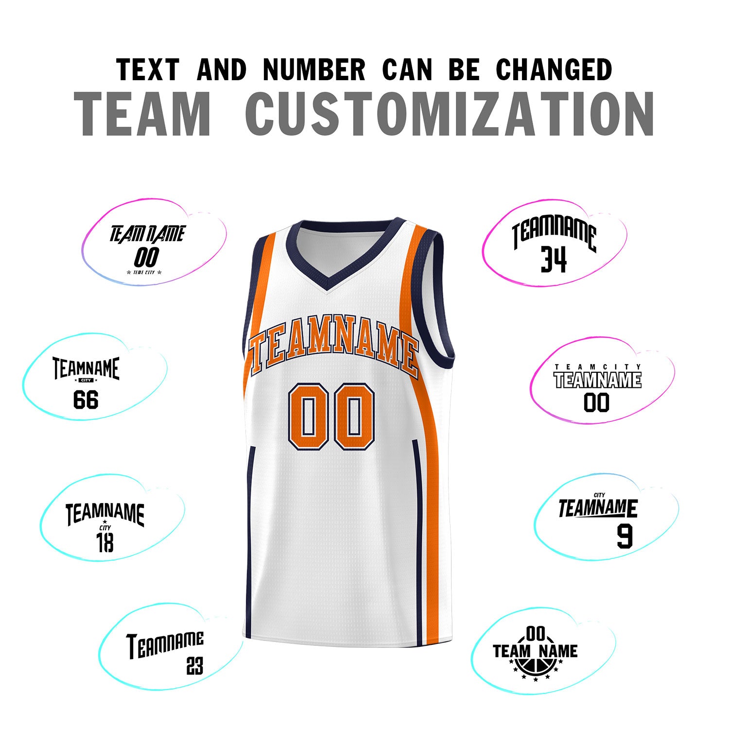 Custom White Navy-Orange Ribbon Pattern Basketball Kits