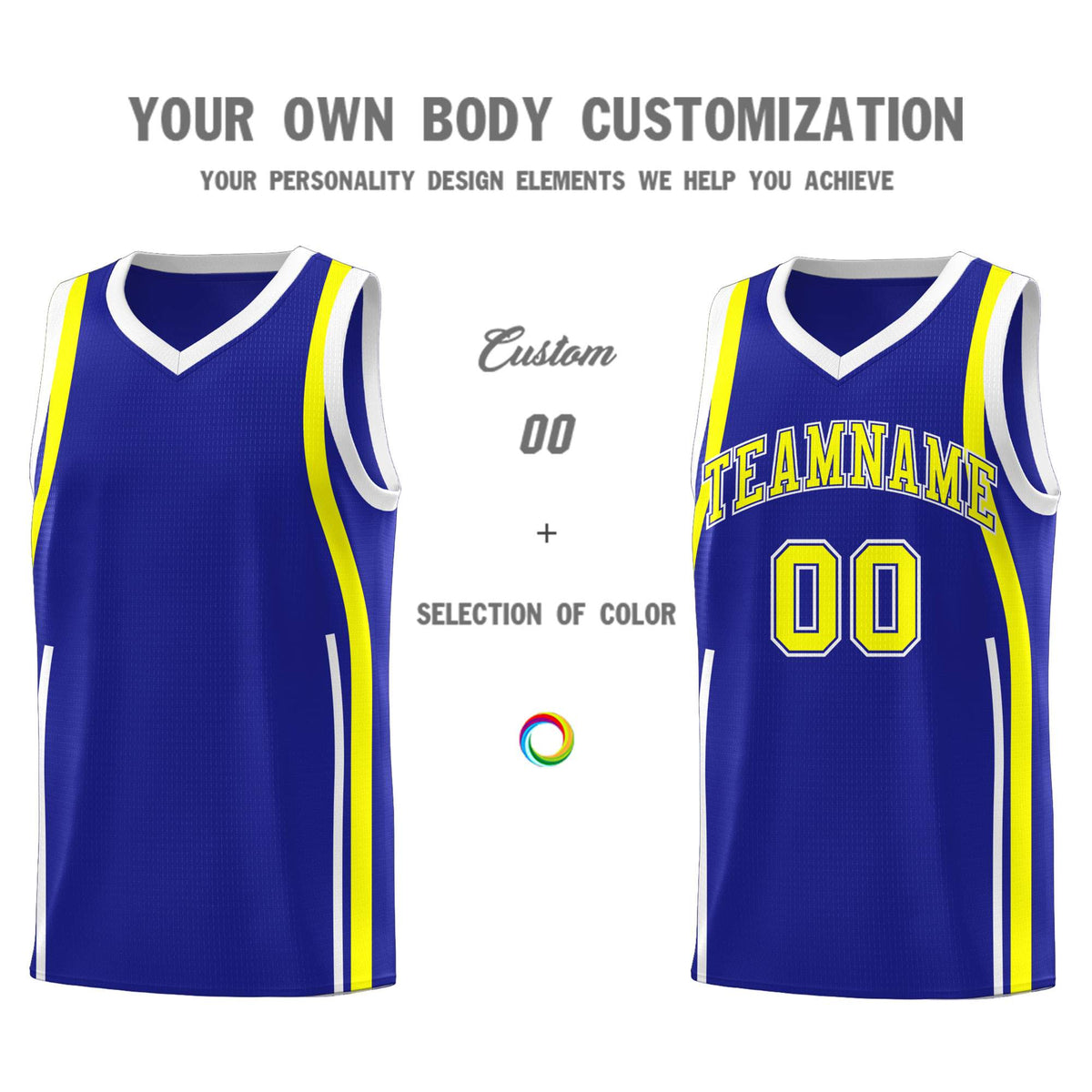 Custom Royal Fluorescent Yellow-White Ribbon Pattern Basketball Kits