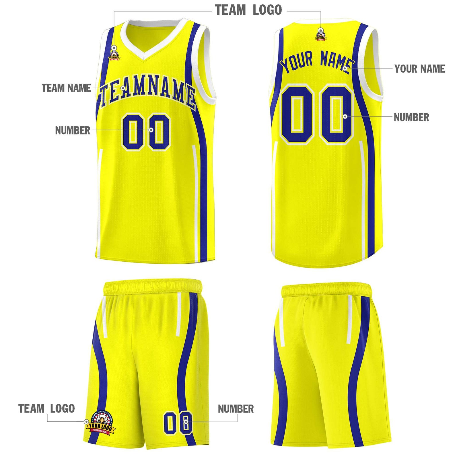 Custom Fluorescent Yellow Royal-White Ribbon Pattern Basketball Kits